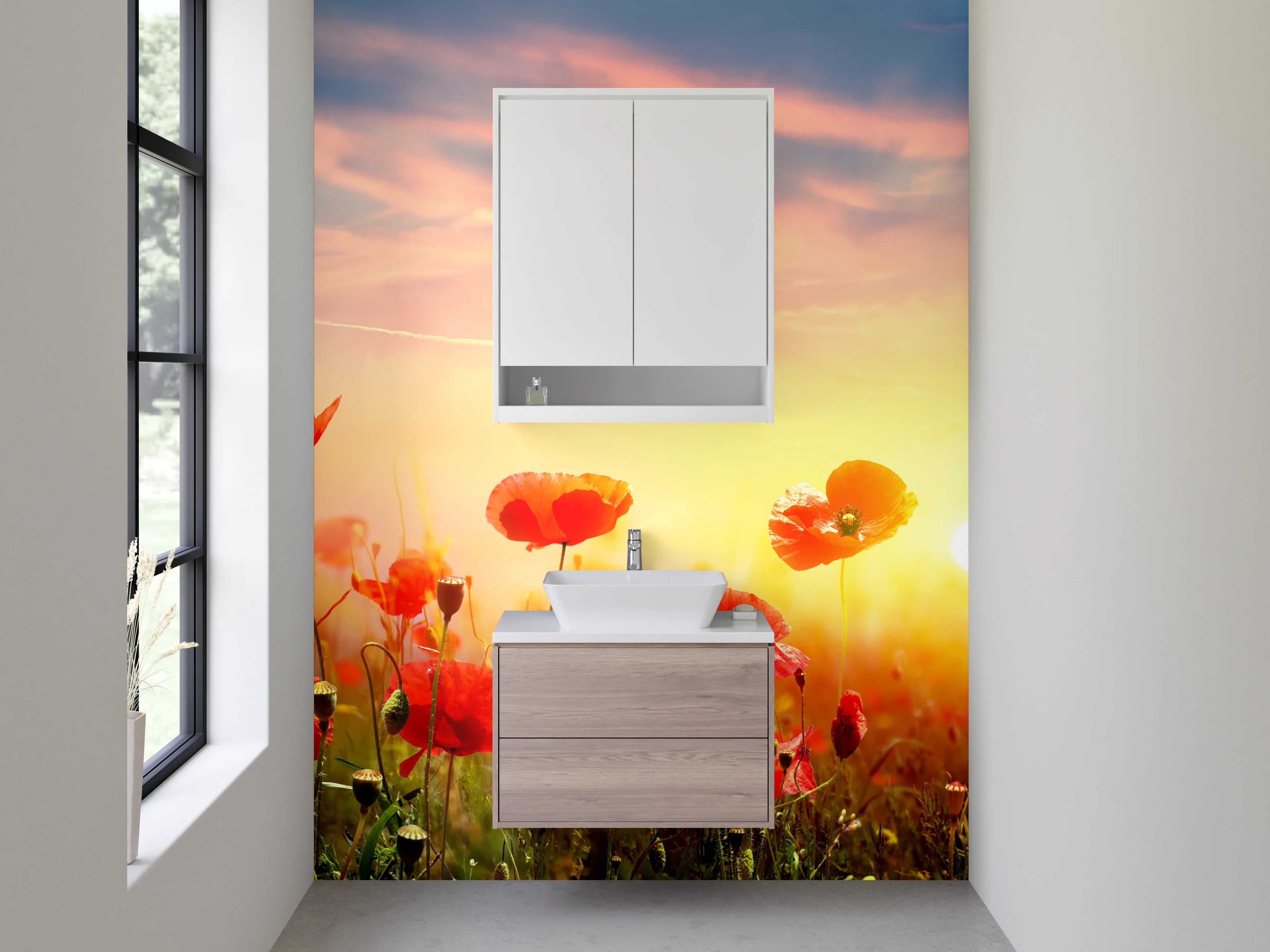 Waschbecken-Rückwand - Mohnblumenfeld Sonnenaufgang Landschaft