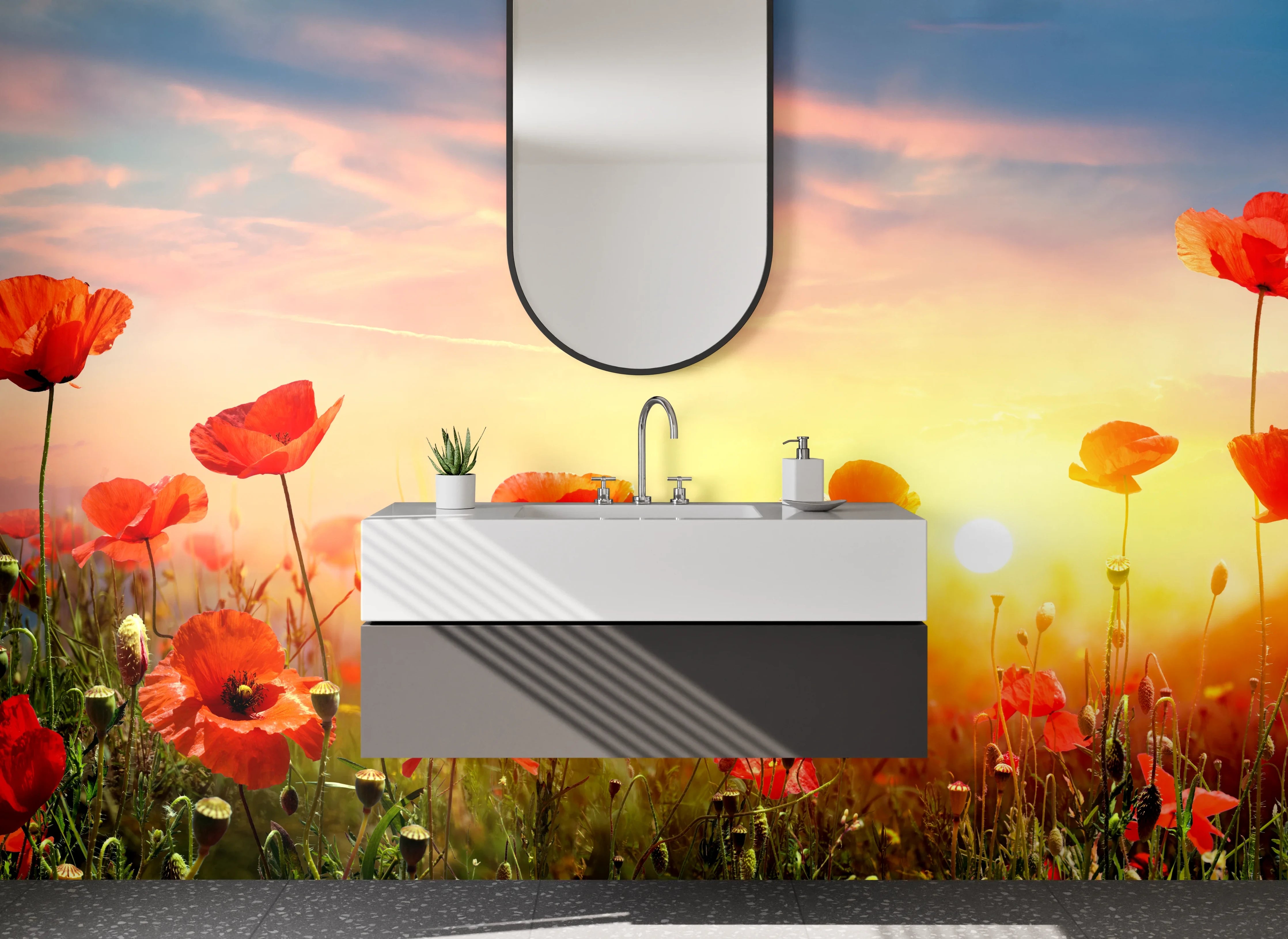 Waschbecken-Rückwand - Mohnblumenfeld Sonnenaufgang Landschaft