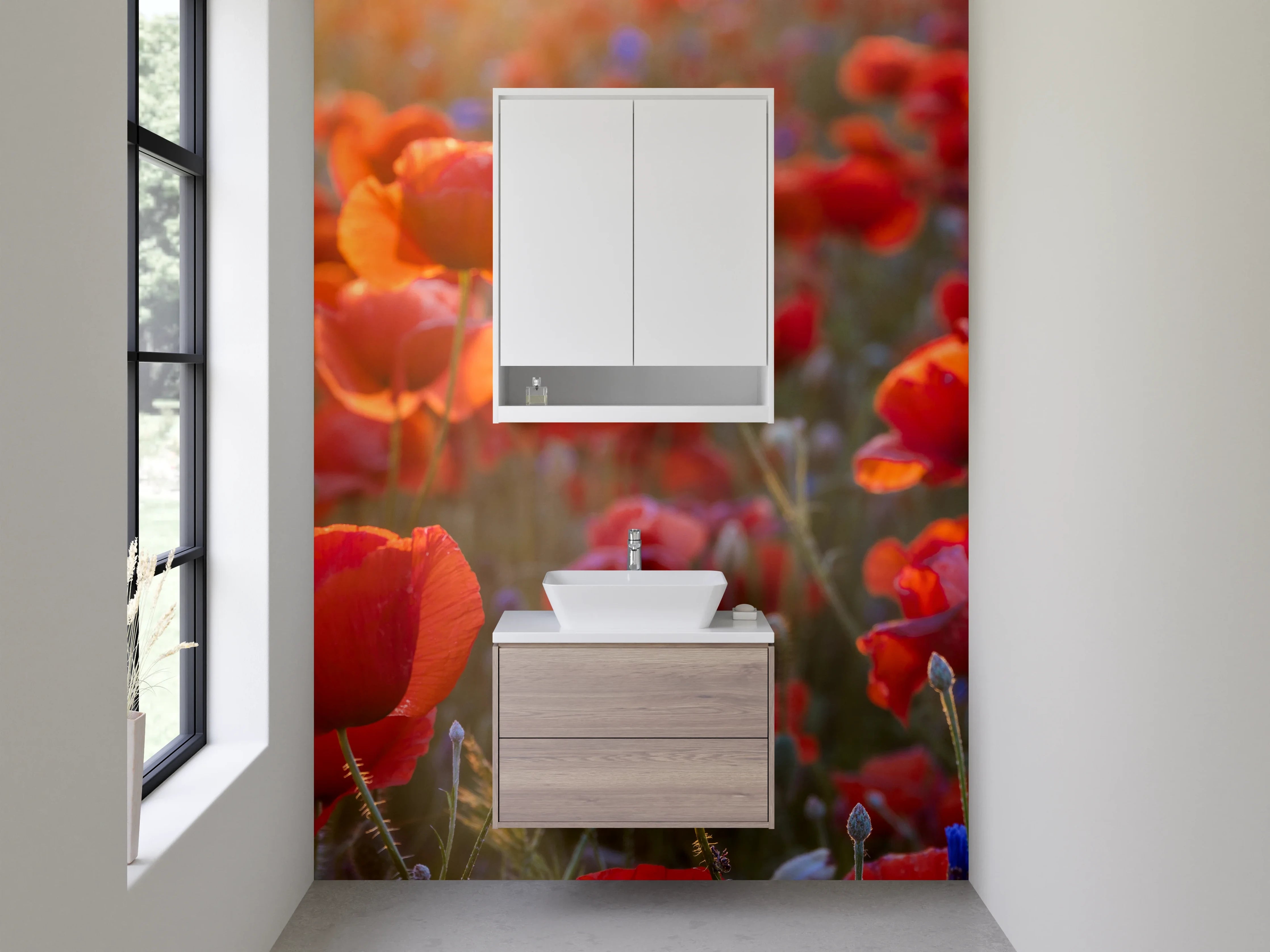 Waschbecken-Rückwand - Mohnblumenfeld im Abendlicht