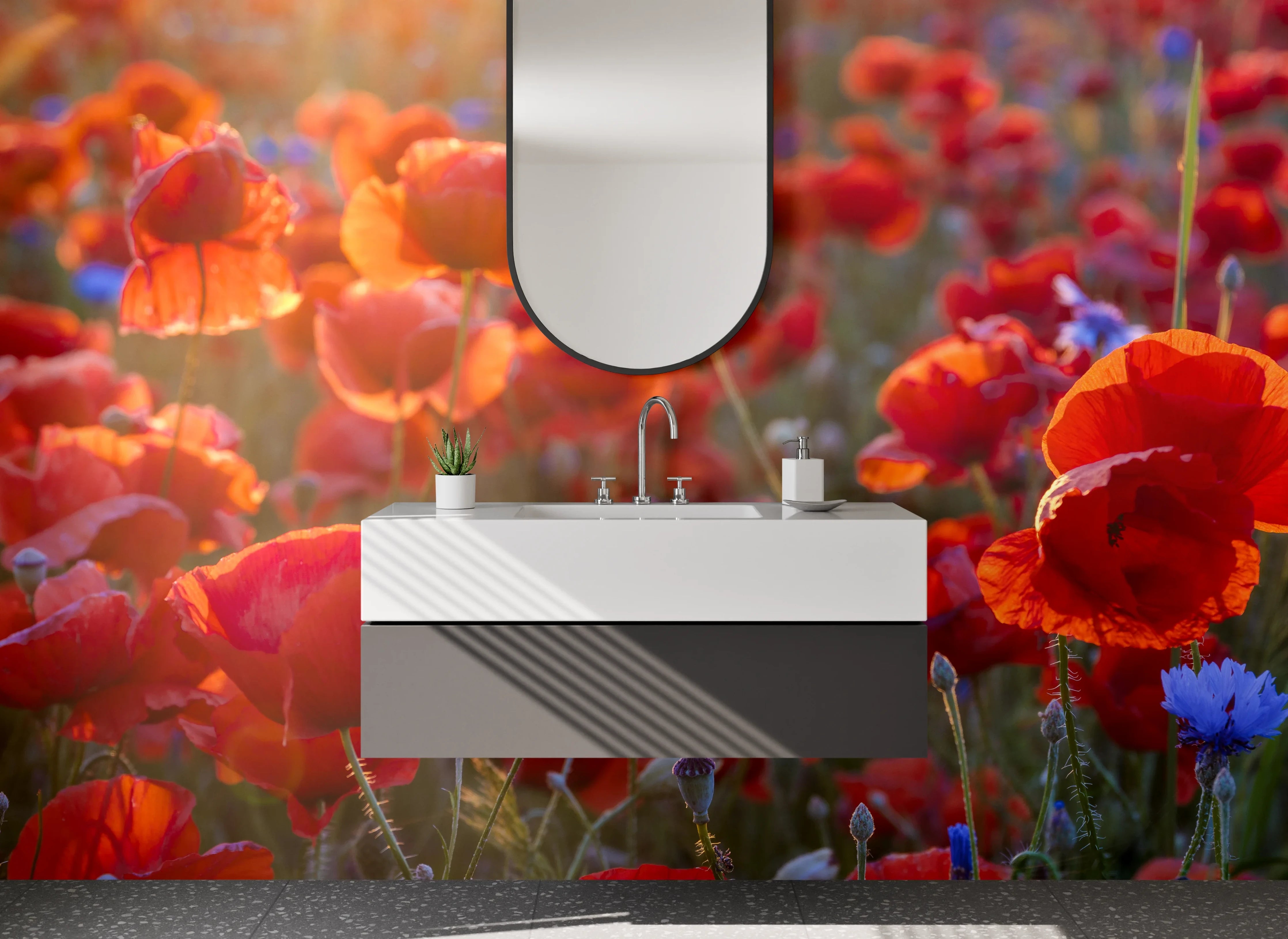 Waschbecken-Rückwand - Mohnblumenfeld im Abendlicht