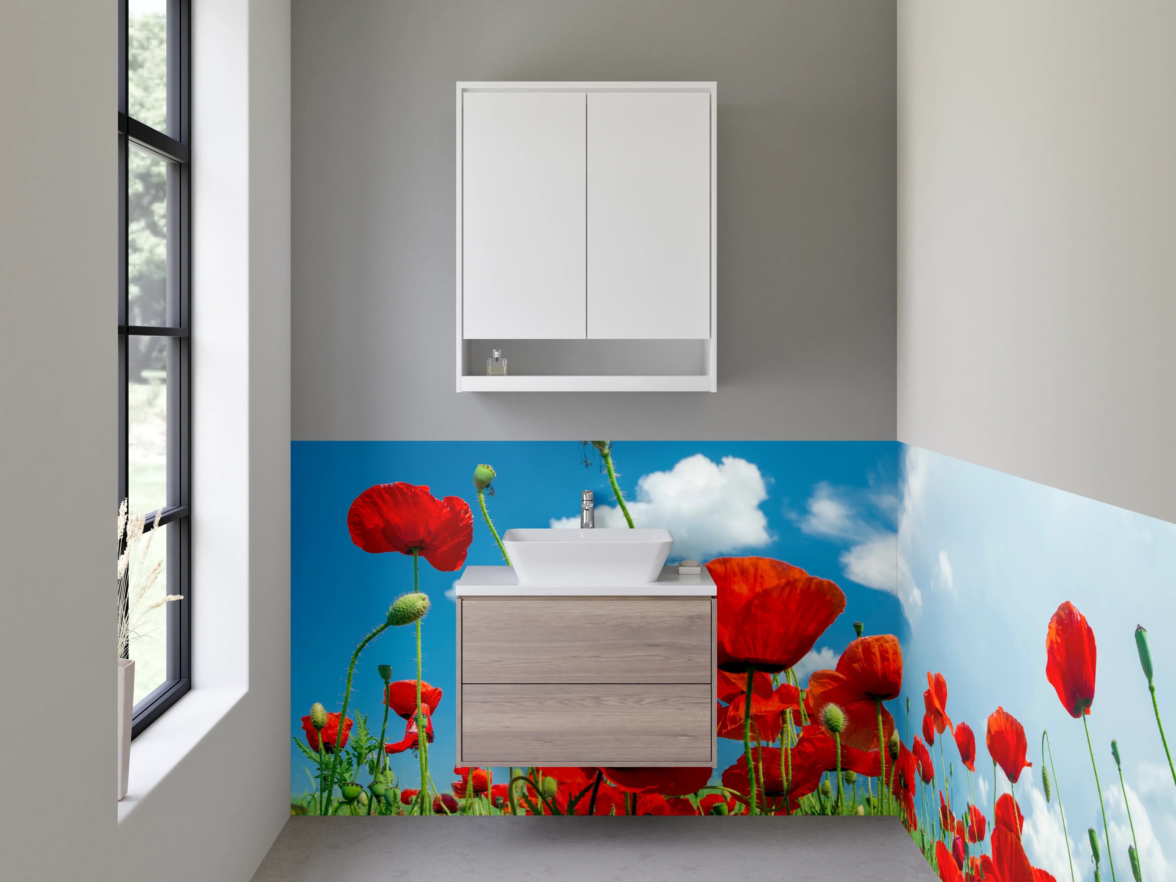 Waschbecken-Rückwand - Mohnblumenfeld unter blauem Himmel