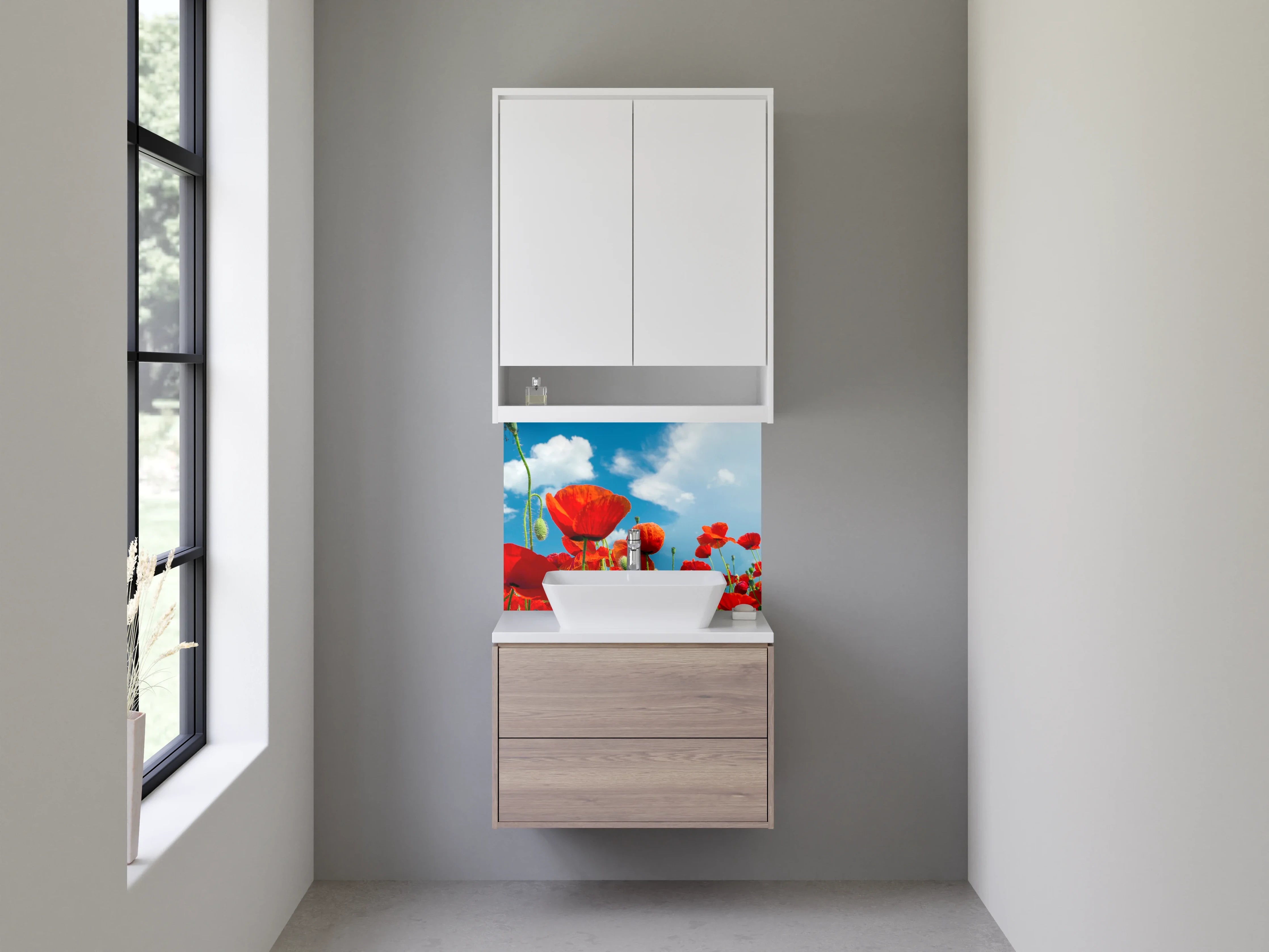 Waschbecken-Rückwand - Mohnblumenfeld unter blauem Himmel