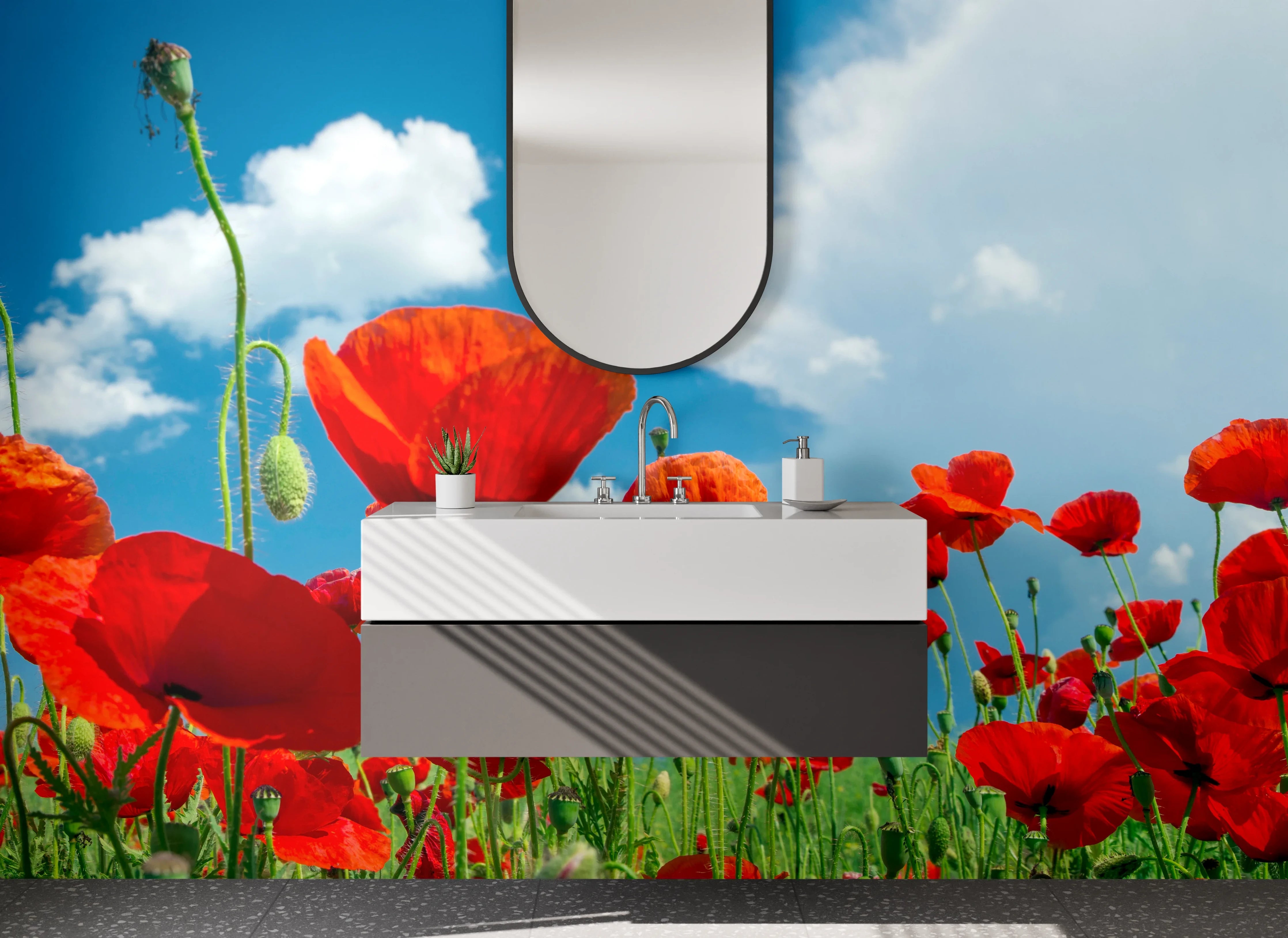 Waschbecken-Rückwand - Mohnblumenfeld unter blauem Himmel