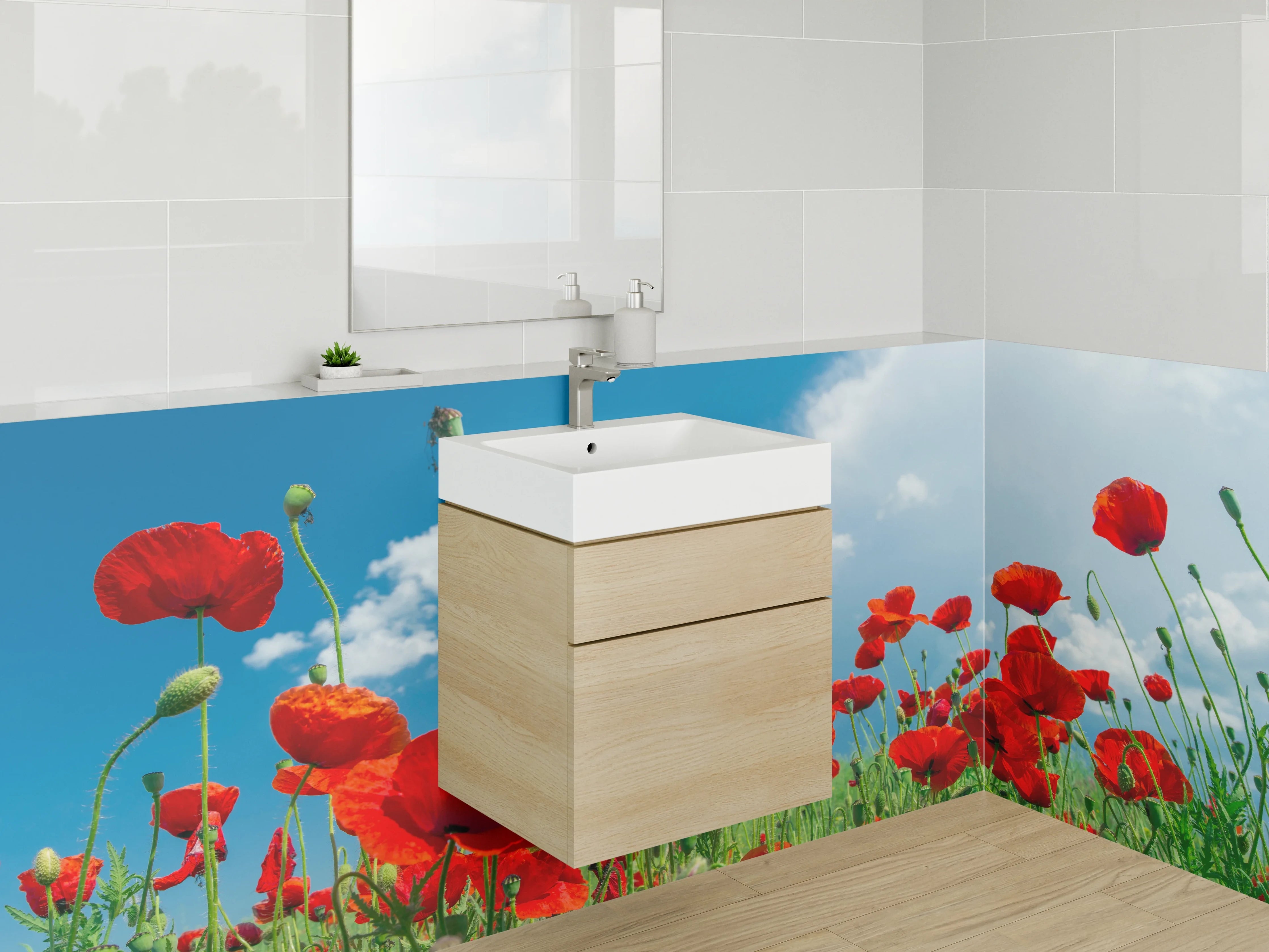 Waschbecken-Rückwand - Mohnblumenfeld unter blauem Himmel
