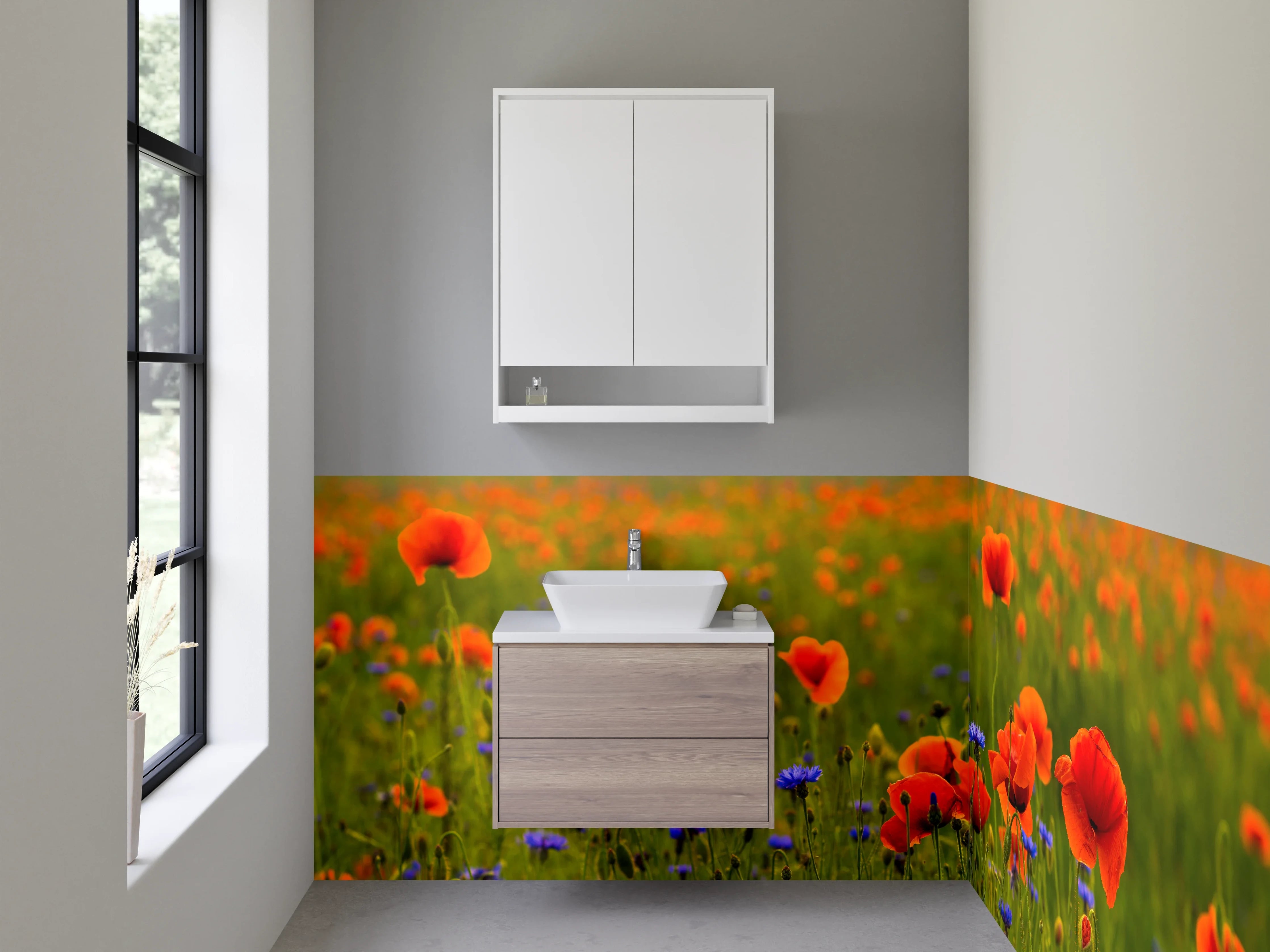 Waschbecken-Rückwand - Mohnwiese mit Kornblumen Motiv