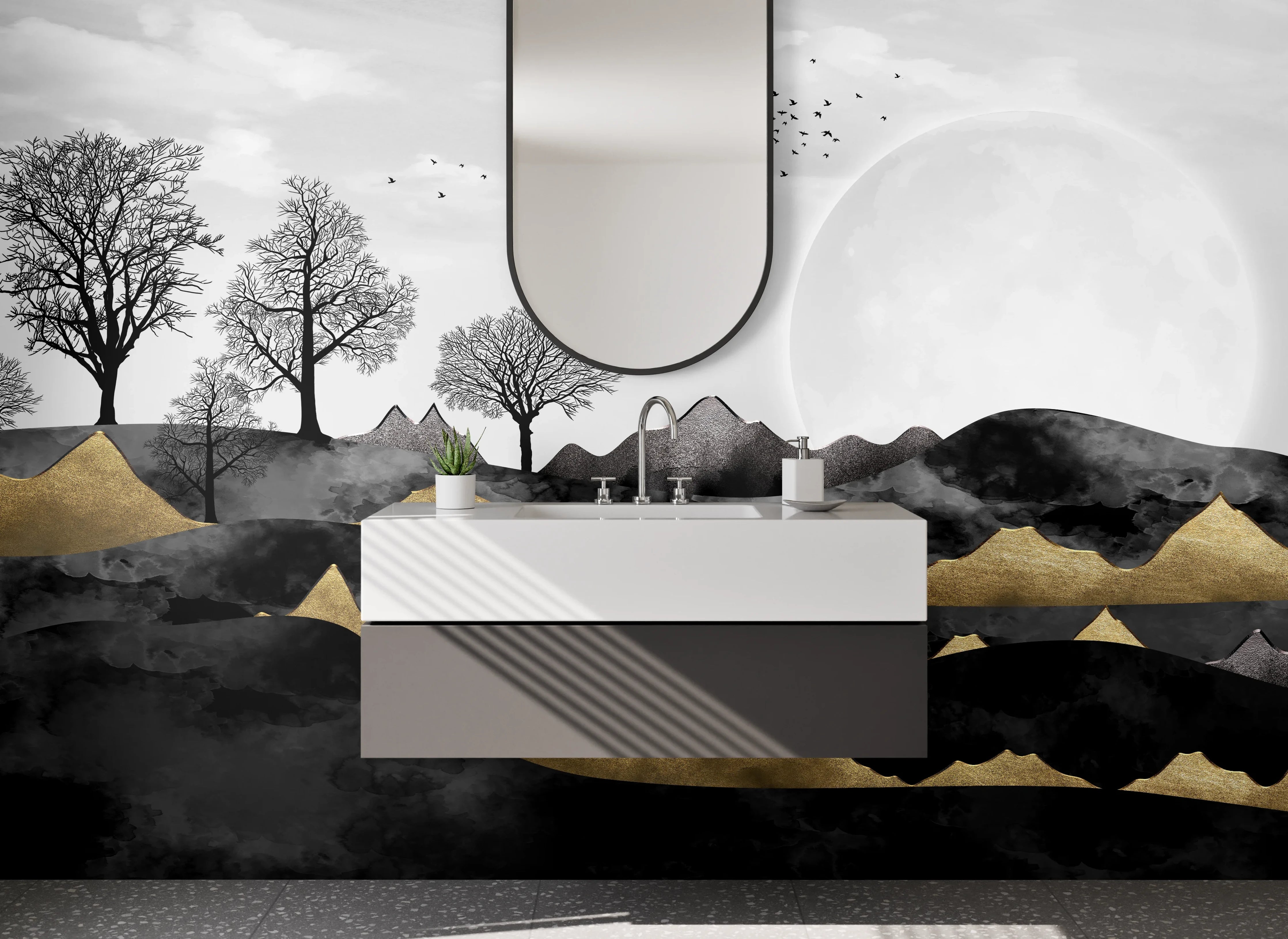 Waschbecken-Rückwand - Monochrome Naturlandschaft mit Bäumen und Bergkette