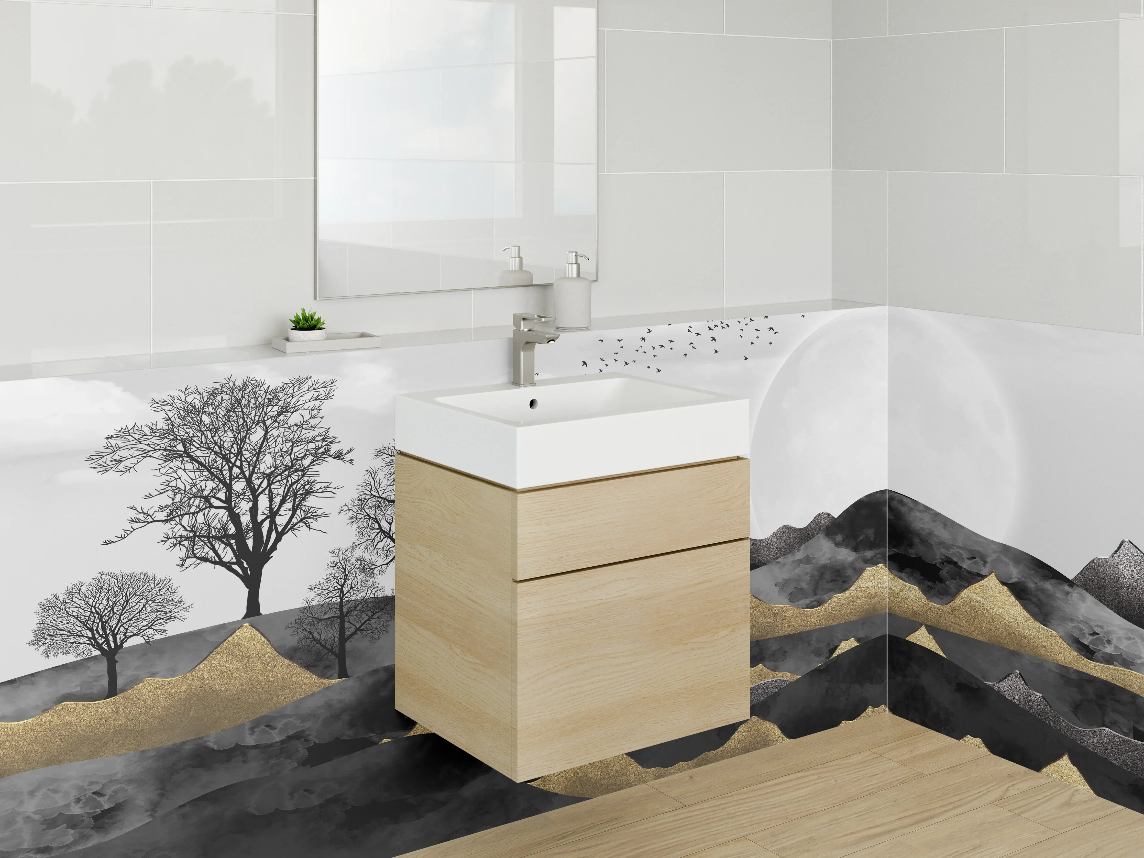 Waschbecken-Rückwand - Monochrome Naturlandschaft mit Bäumen und Bergkette