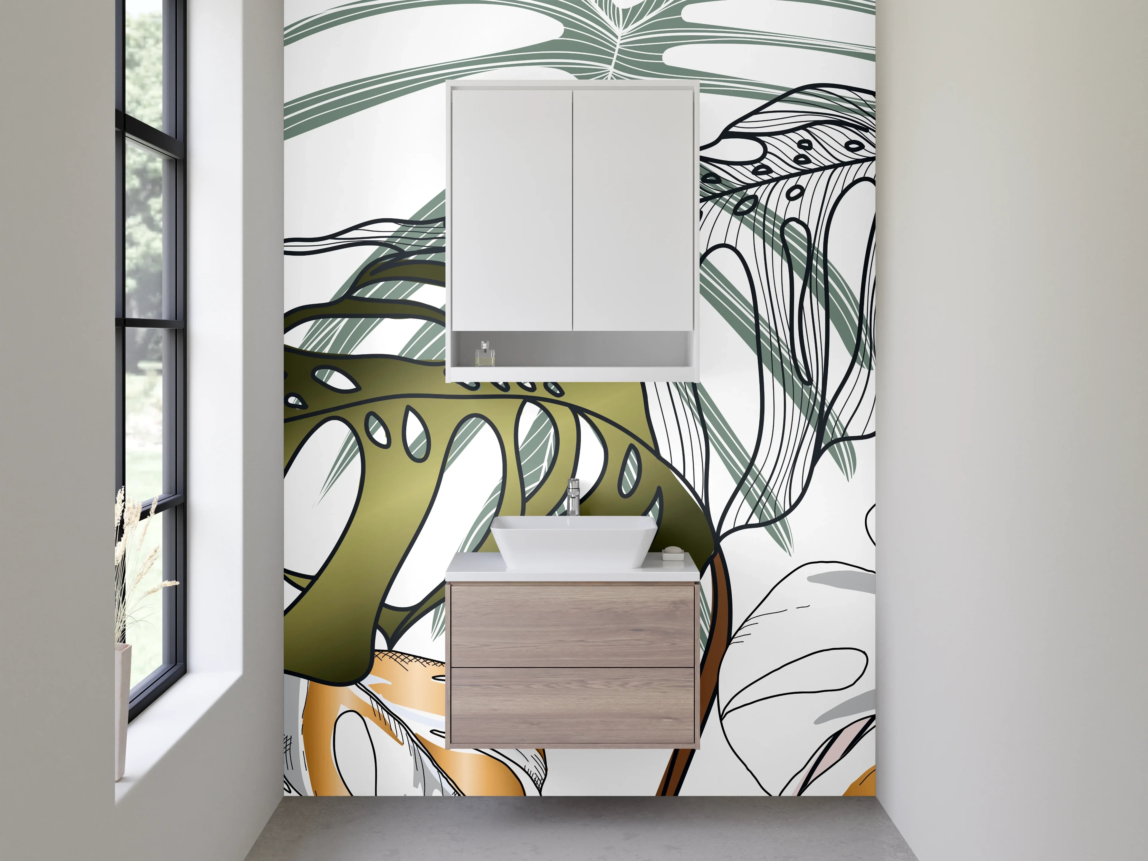 Waschbecken-Rückwand - Monstera Blätter Illustration Dschungel