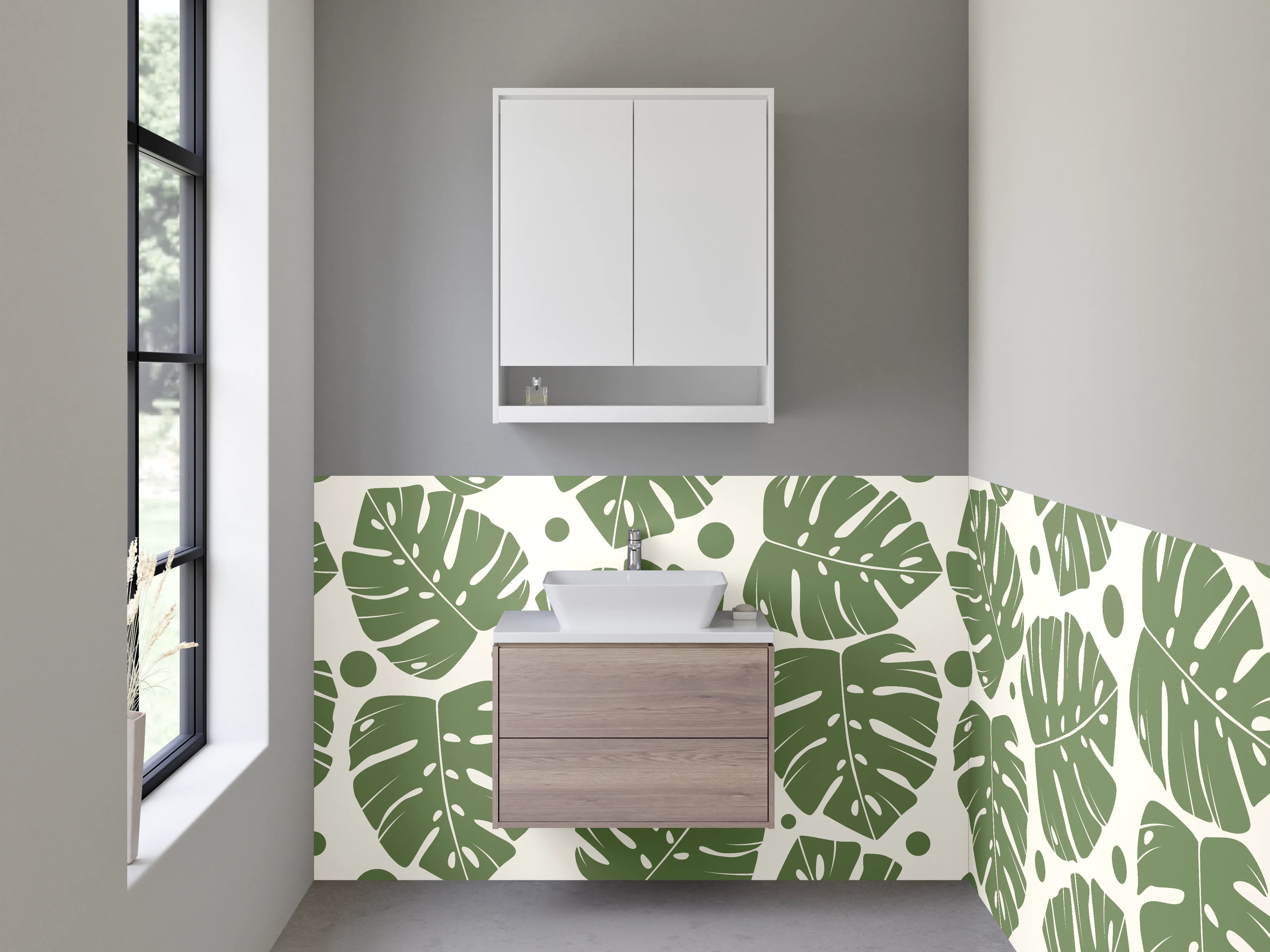 Waschbecken-Rückwand - Monstera Blätter Muster Grün Beige