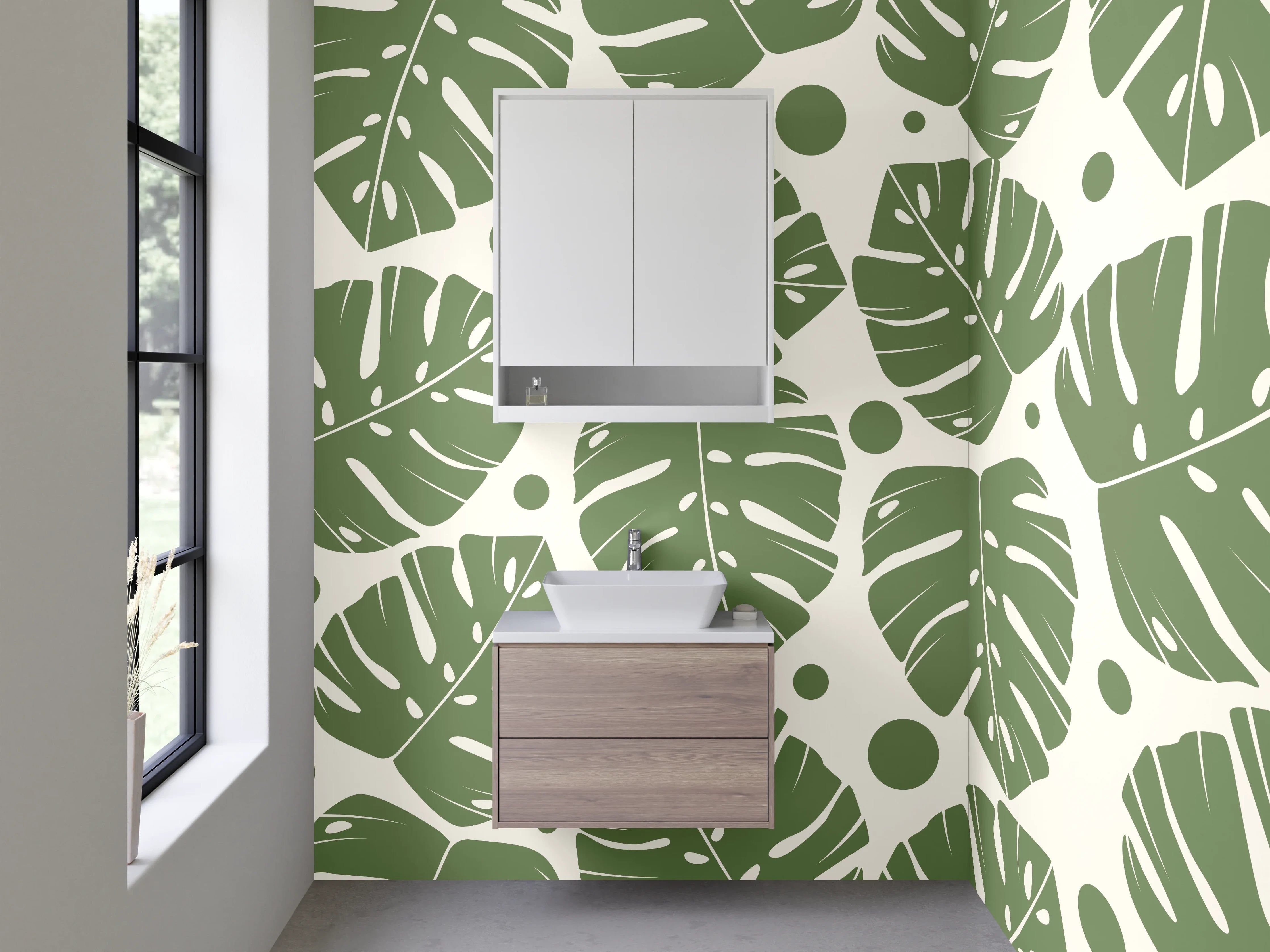 Waschbecken-Rückwand - Monstera Blätter Muster Grün Beige