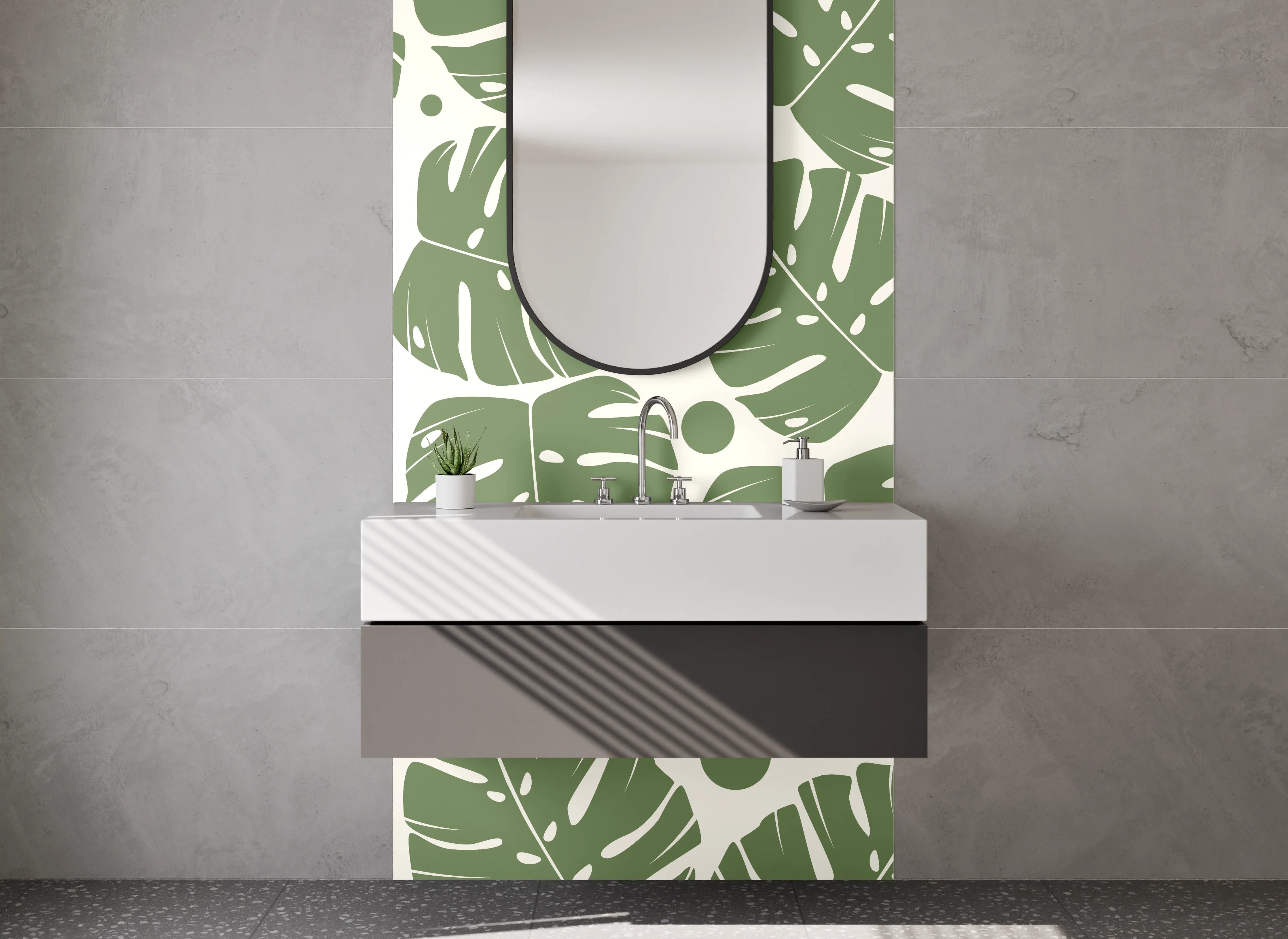 Waschbecken-Rückwand - Monstera Blätter Muster Grün Beige