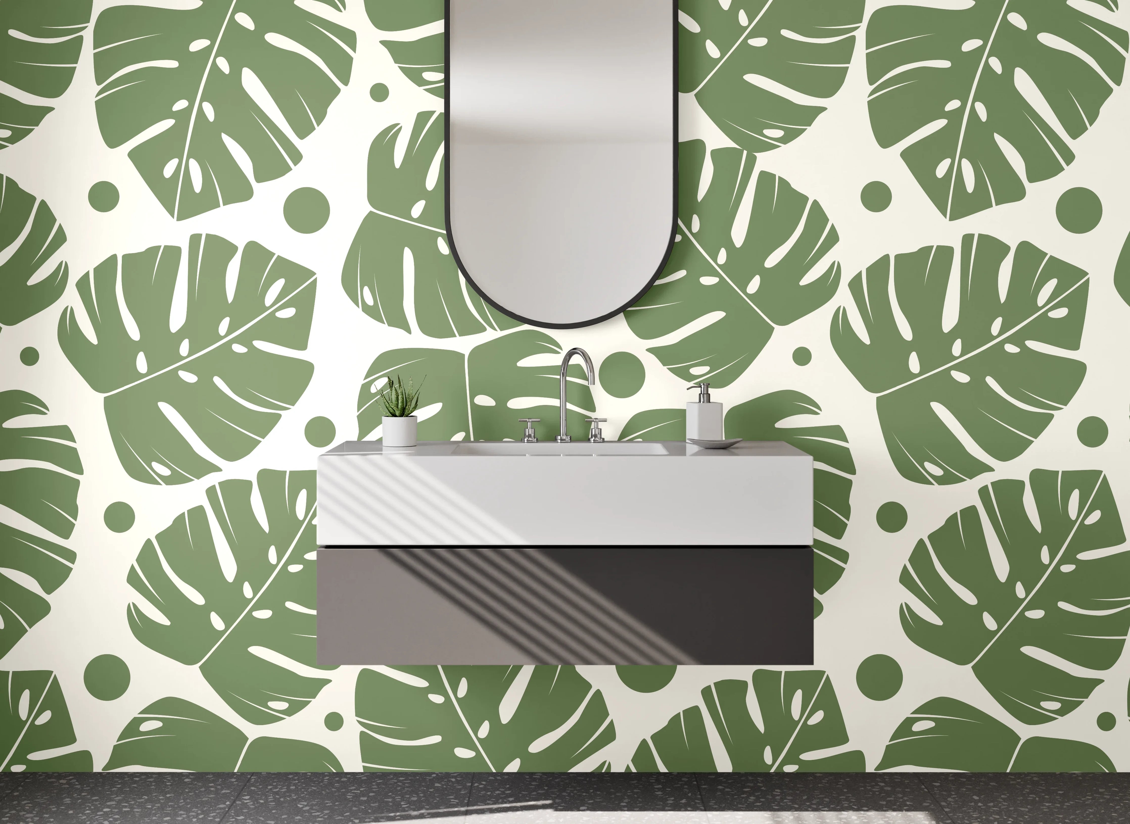 Waschbecken-Rückwand - Monstera Blätter Muster Grün Beige