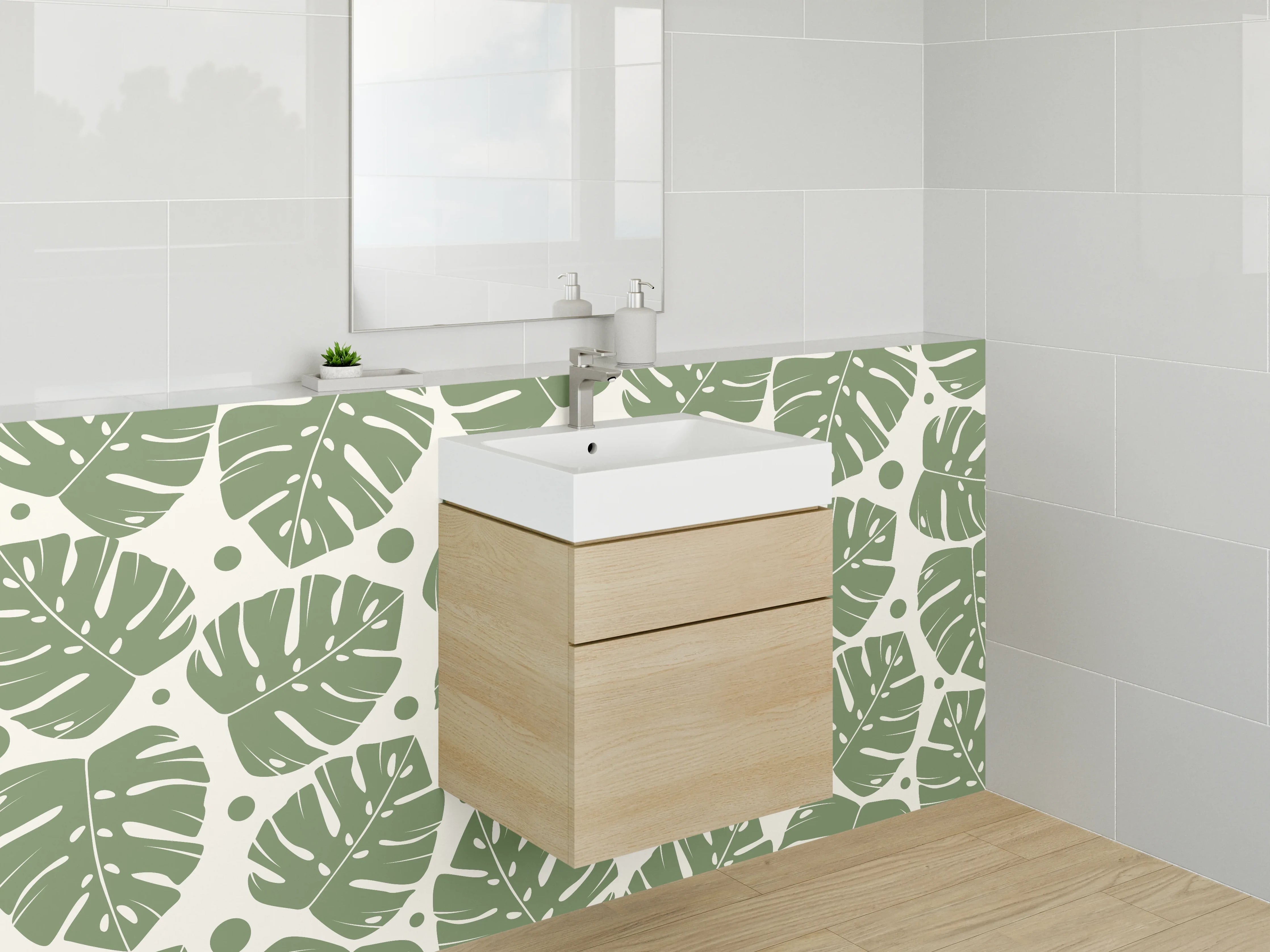 Waschbecken-Rückwand - Monstera Blätter Muster Grün Beige