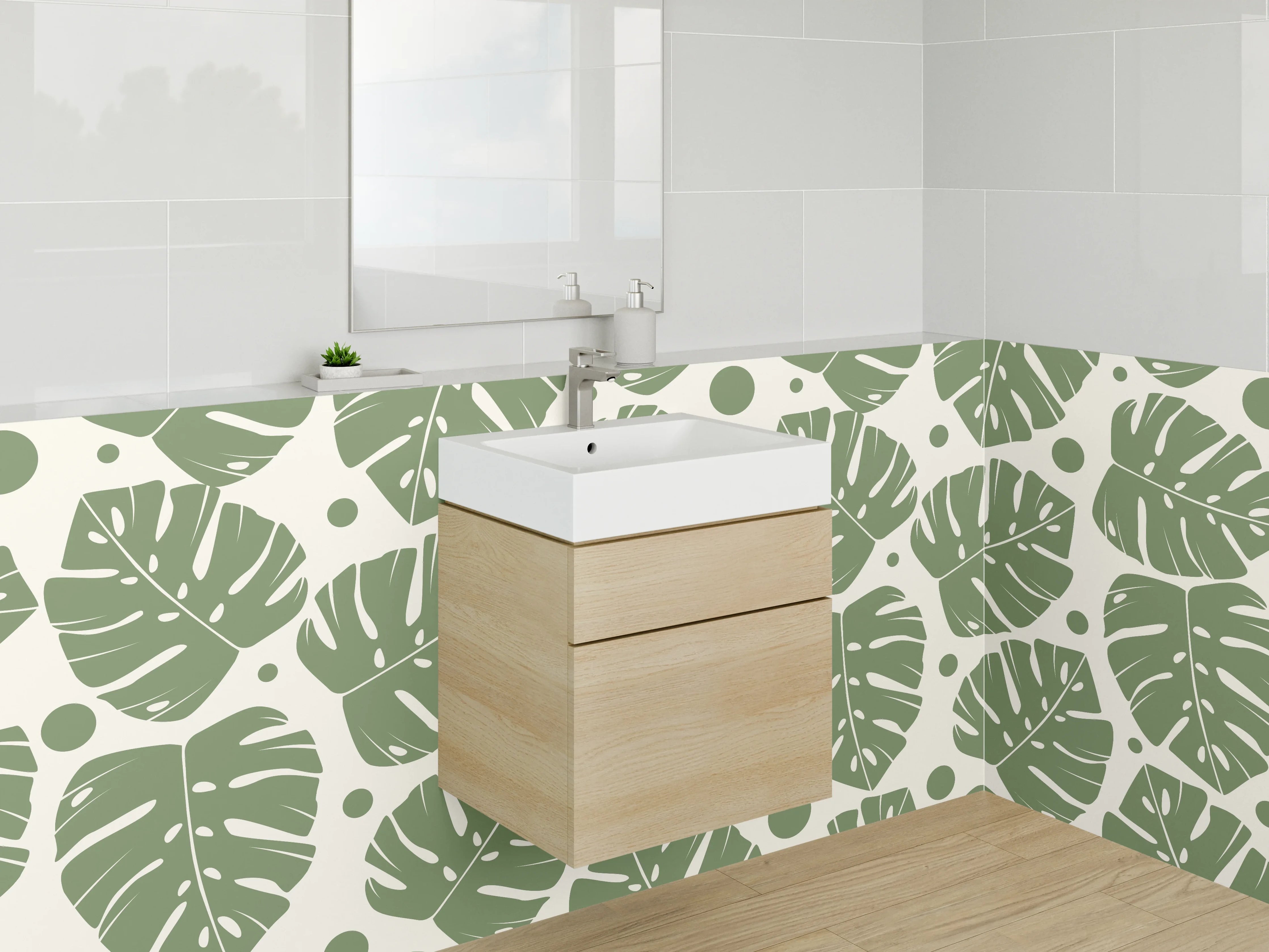Waschbecken-Rückwand - Monstera Blätter Muster Grün Beige