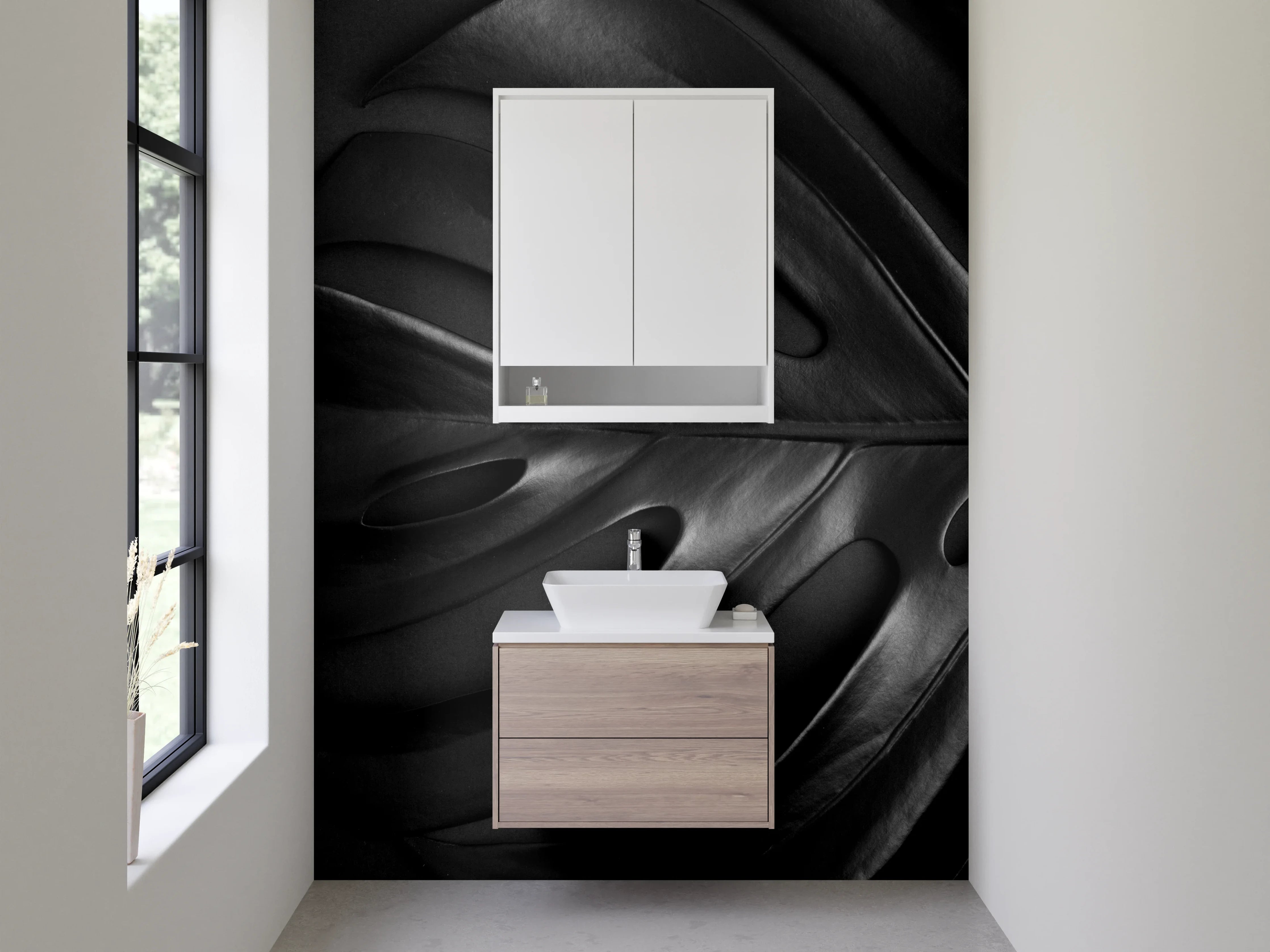 Waschbecken-Rückwand - Monstera Blatt Schwarz Design