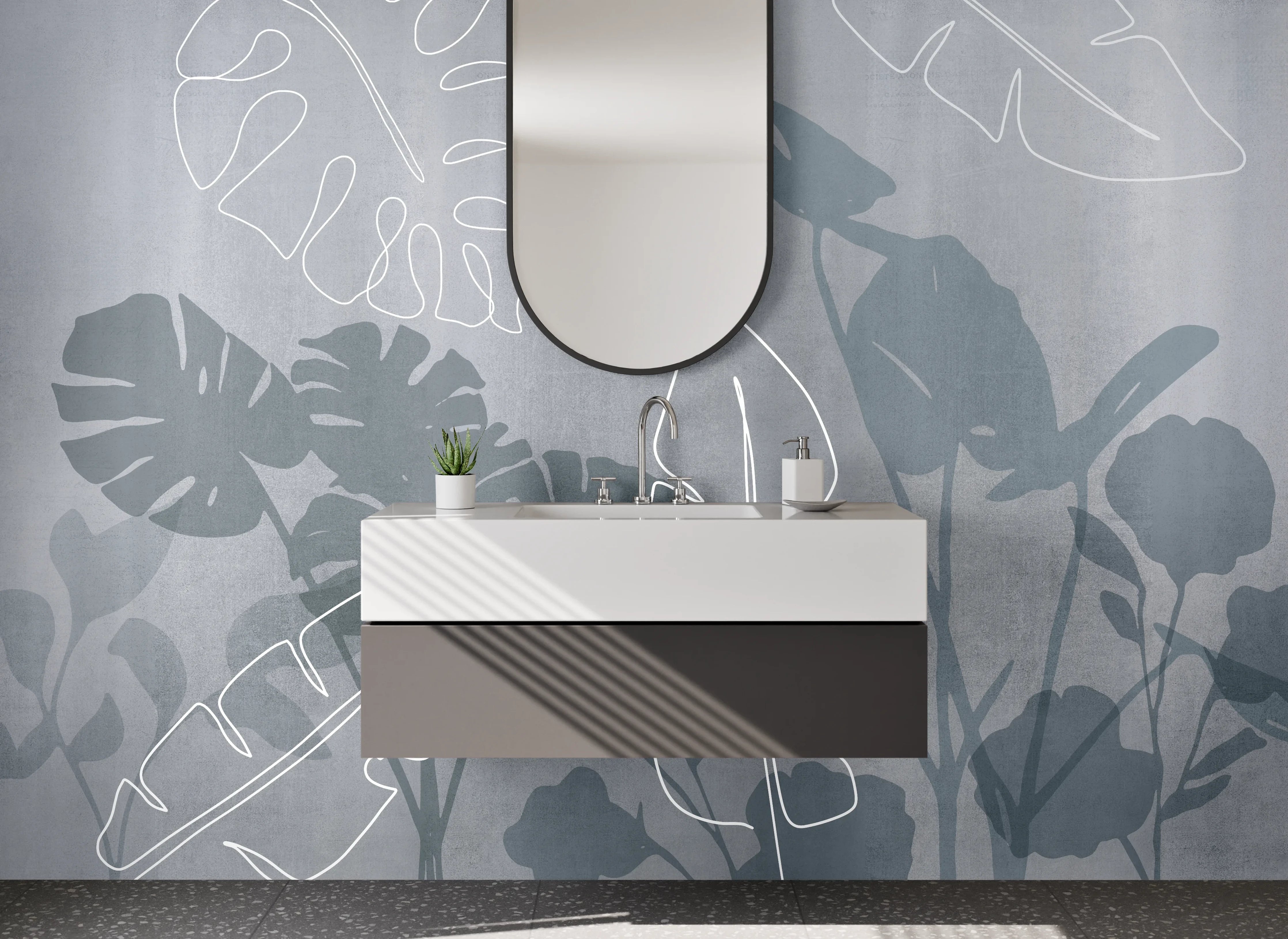 Waschbecken-Rückwand - Monstera Line Art grau weiß