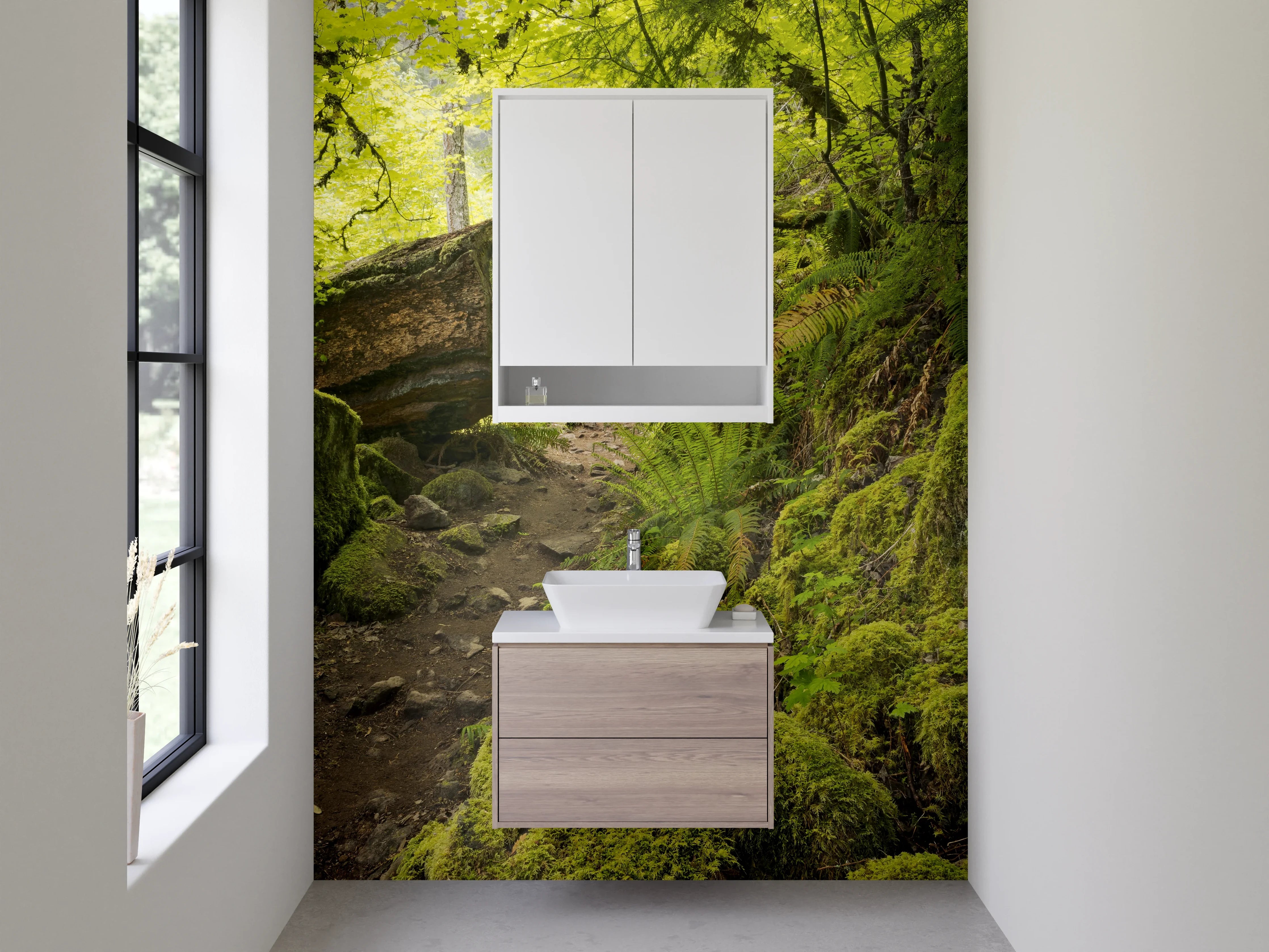 Waschbecken-Rückwand - Moosbedeckter Waldboden im Sonnenschein