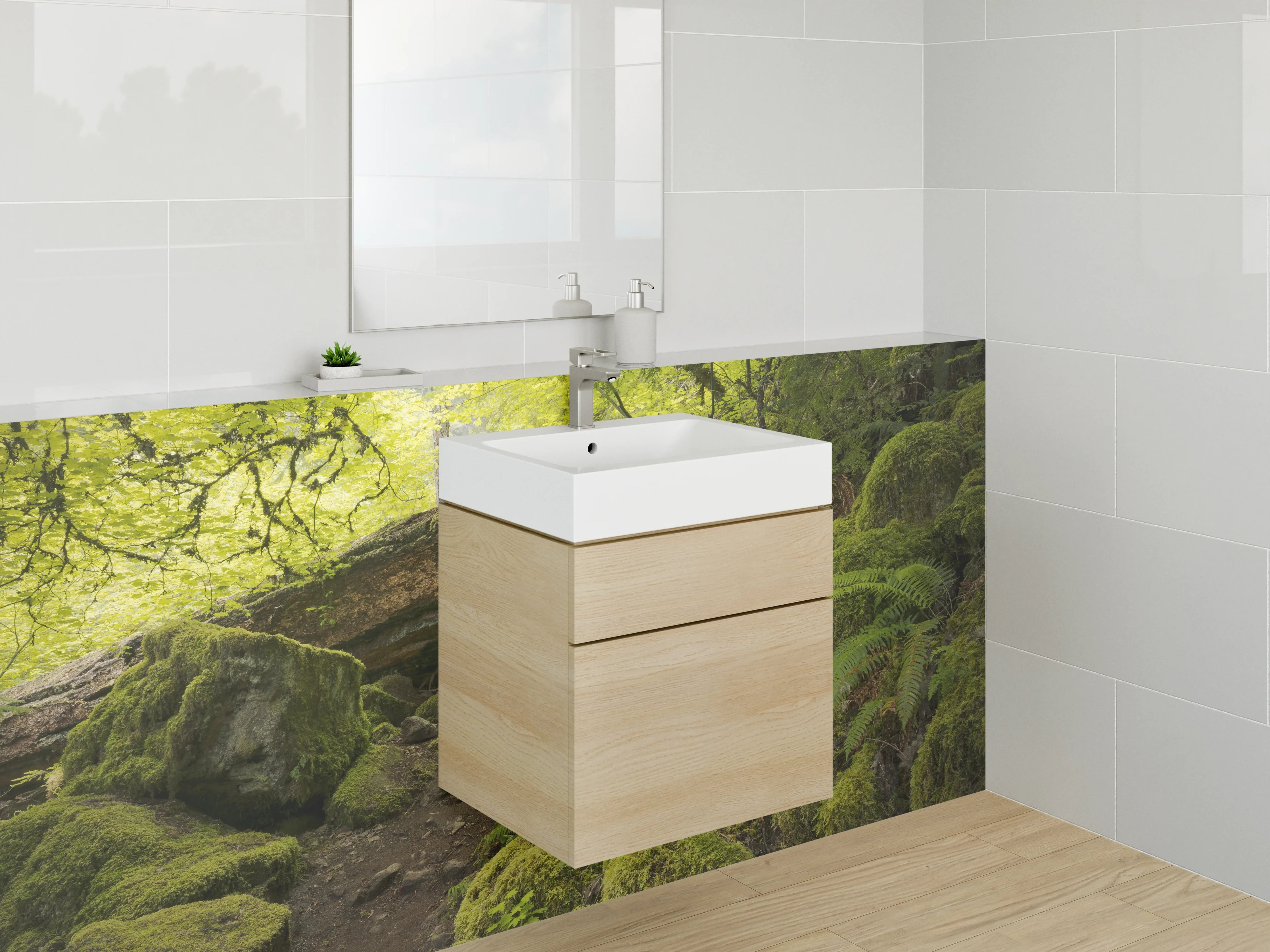 Waschbecken-Rückwand - Moosbedeckter Waldboden im Sonnenschein