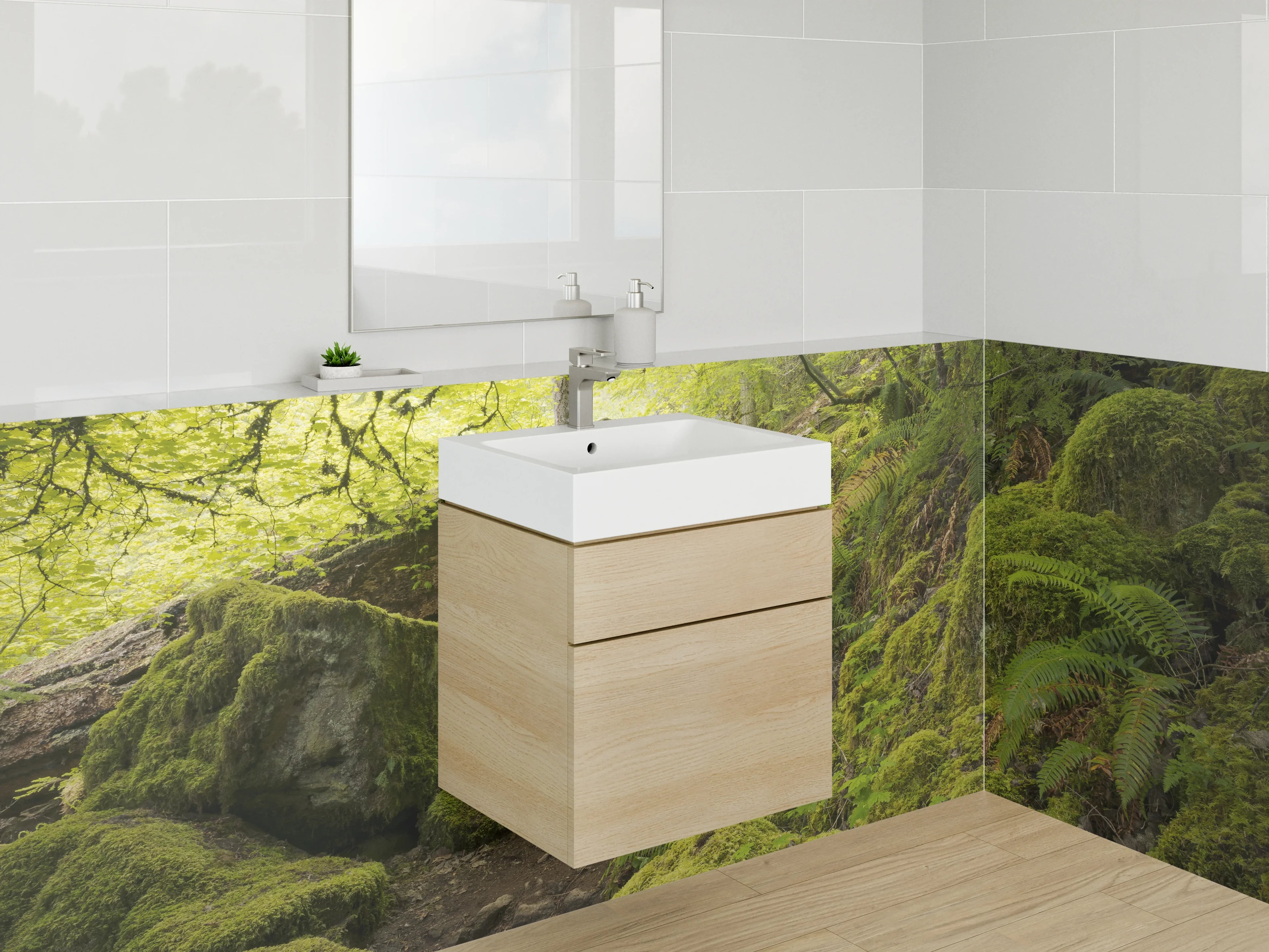 Waschbecken-Rückwand - Moosbedeckter Waldboden im Sonnenschein