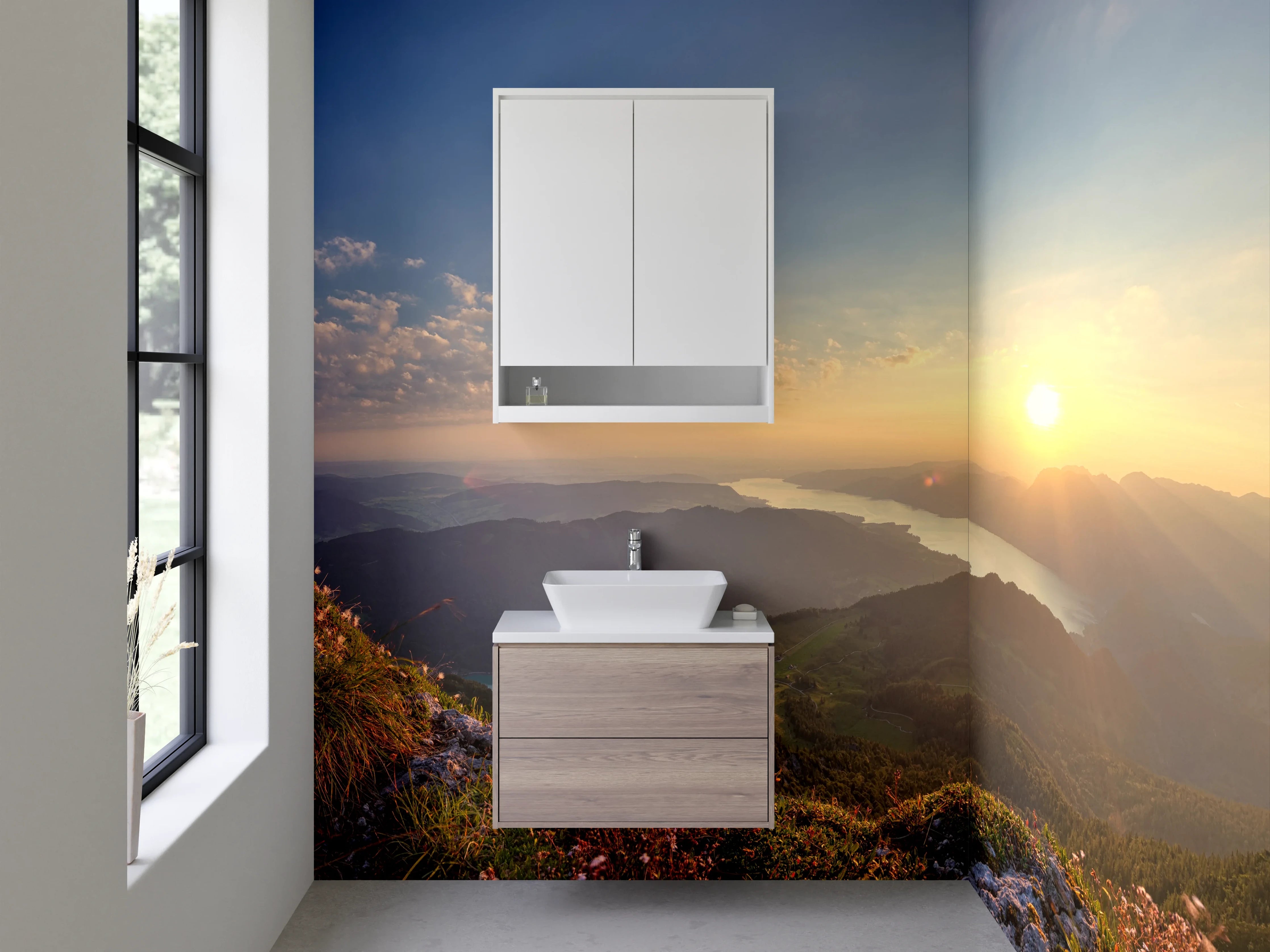 Waschbecken-Rückwand - Morgendliche Bergsilhouette in Grau