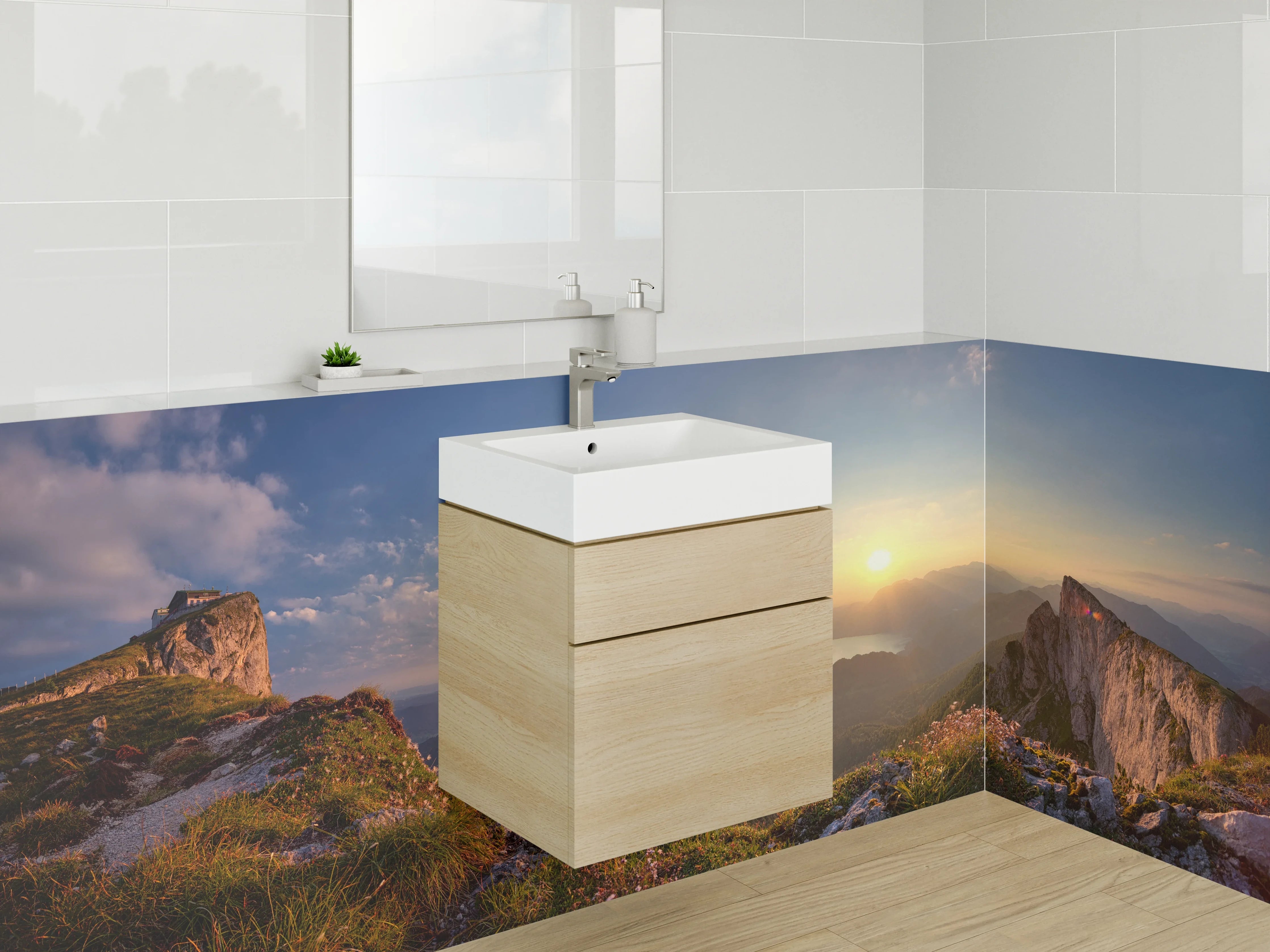 Waschbecken-Rückwand - Morgendliche Bergsilhouette in Grau