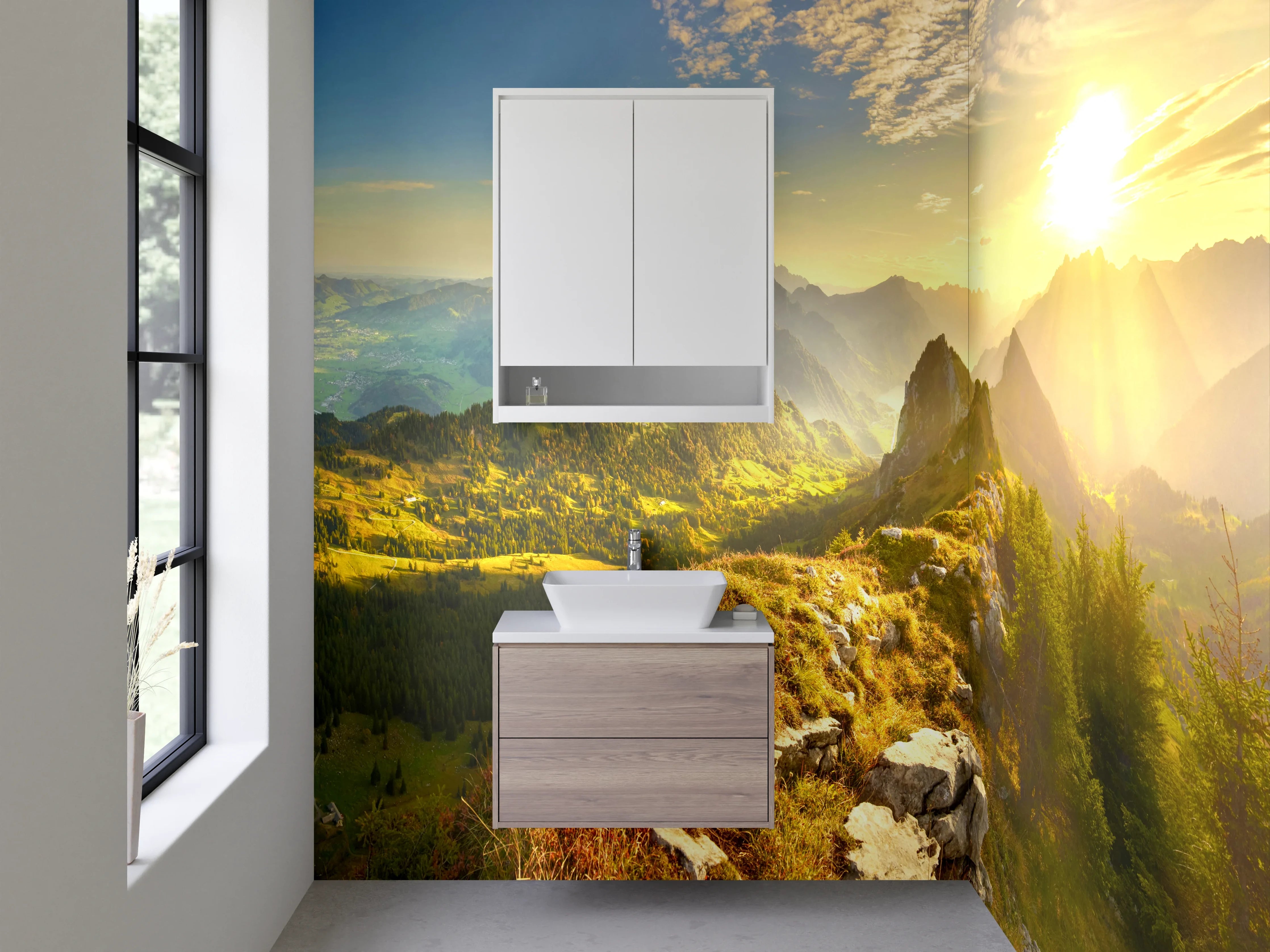 Waschbecken-Rückwand - Morgenlicht über schroffen Gipfeln