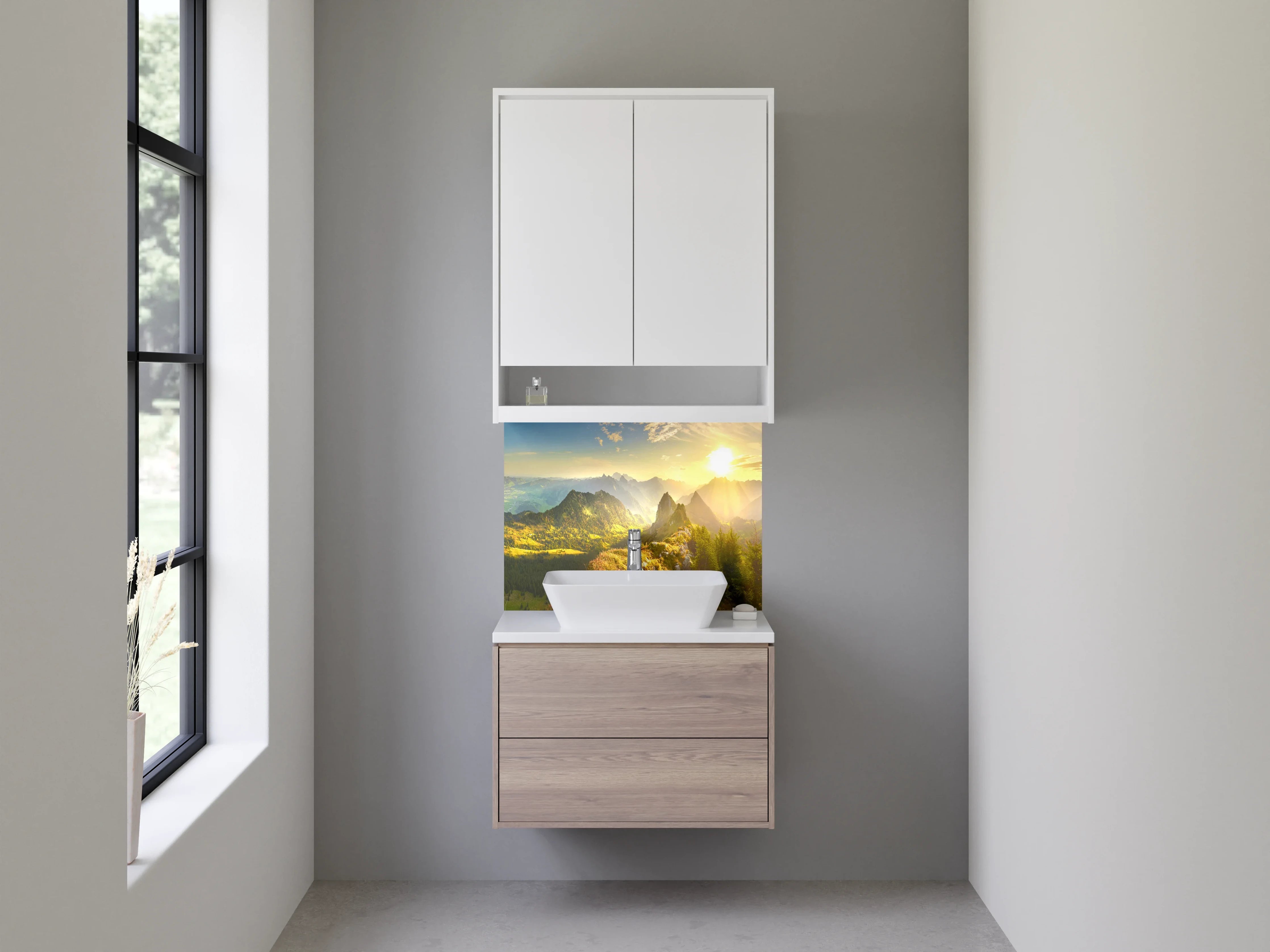 Waschbecken-Rückwand - Morgenlicht über schroffen Gipfeln