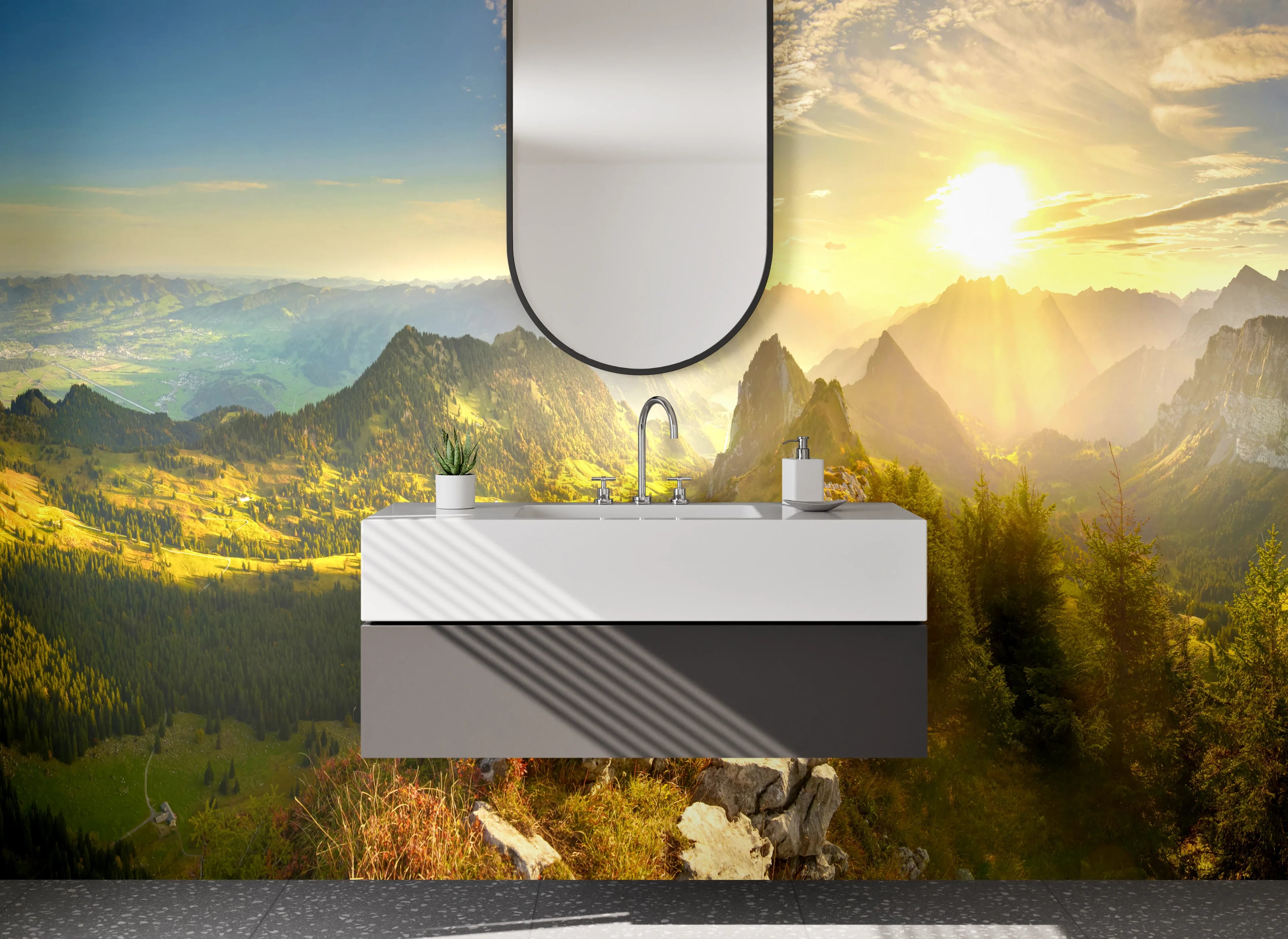 Waschbecken-Rückwand - Morgenlicht über schroffen Gipfeln