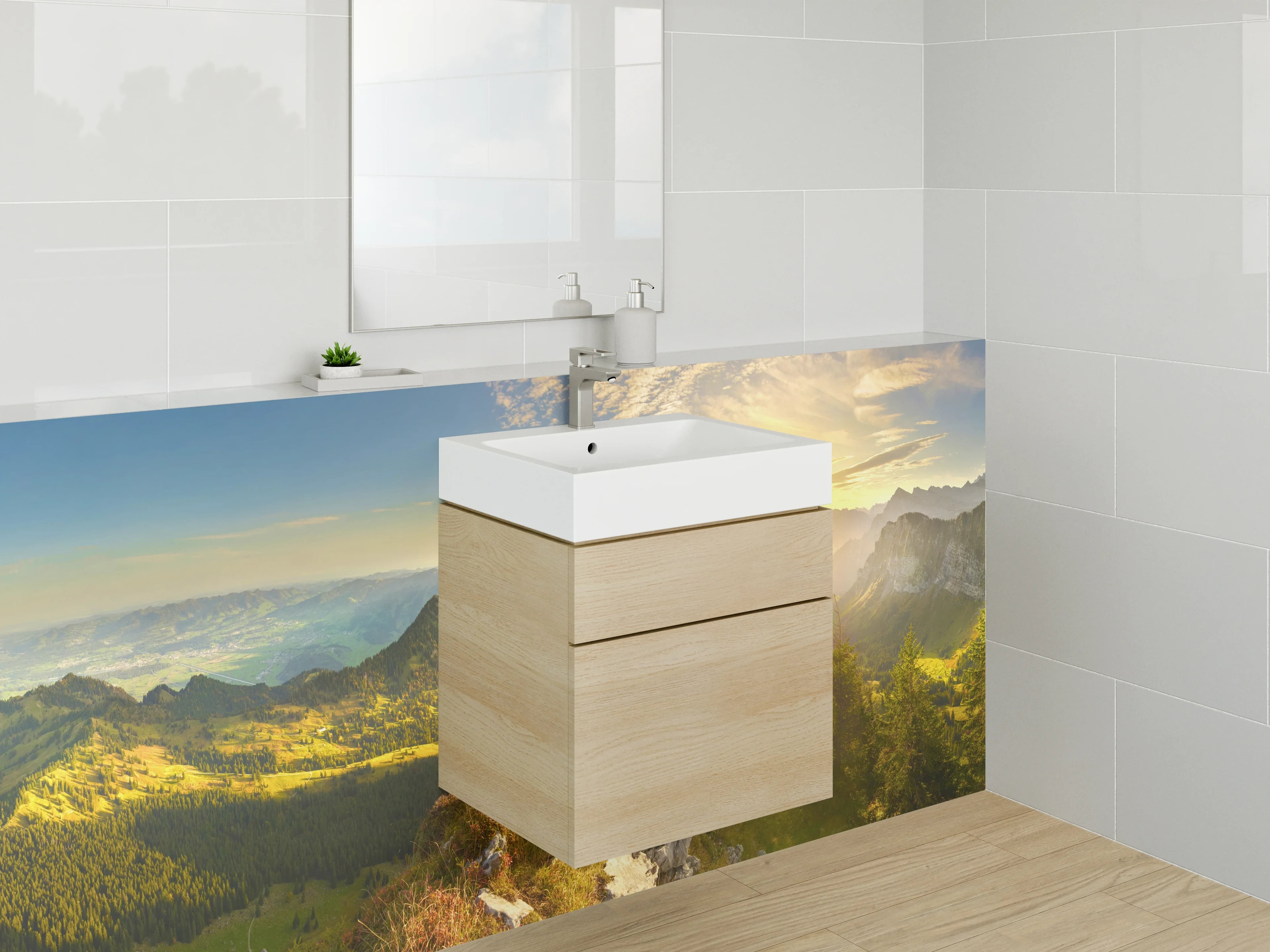 Waschbecken-Rückwand - Morgenlicht über schroffen Gipfeln