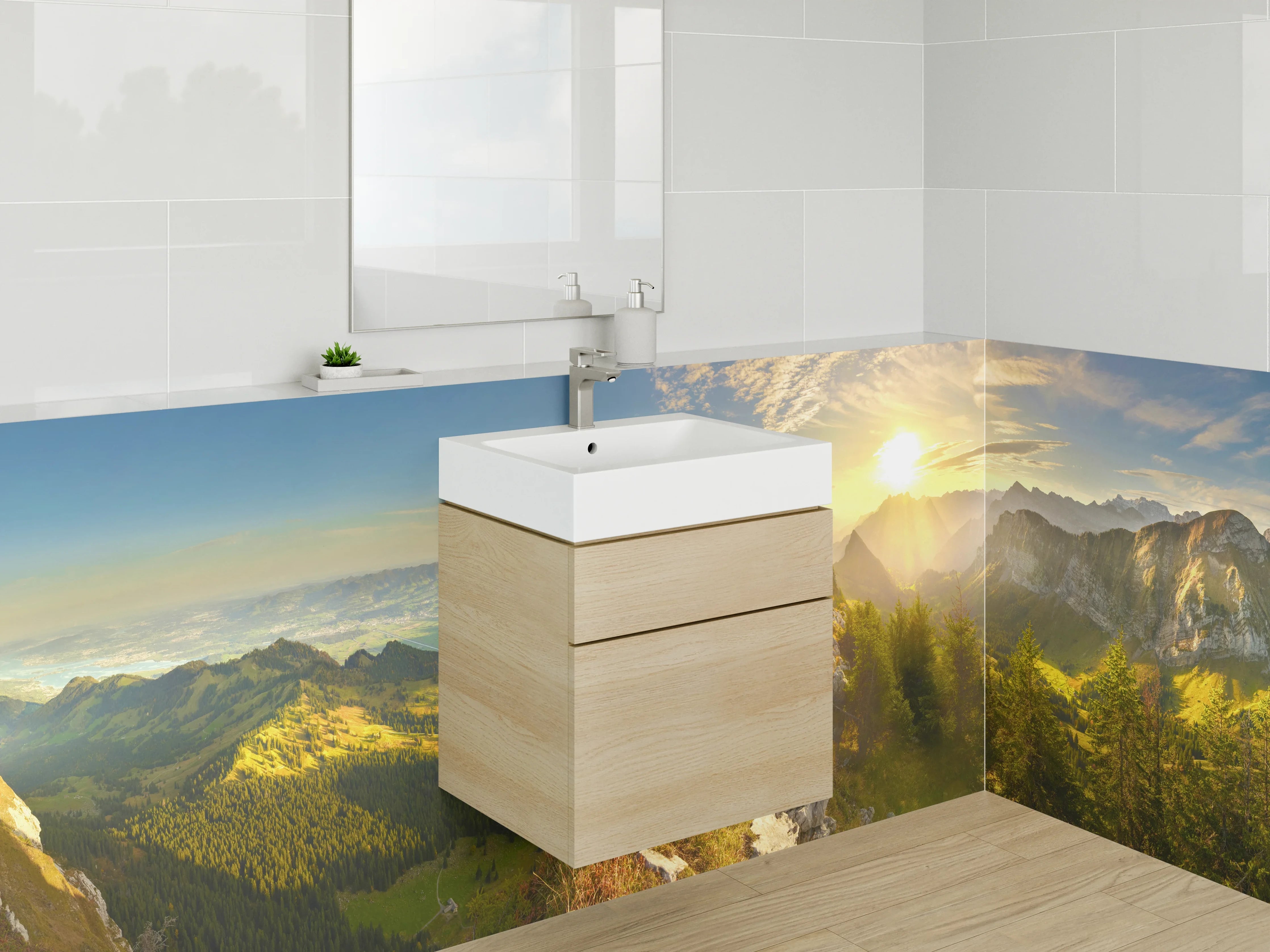 Waschbecken-Rückwand - Morgenlicht über schroffen Gipfeln