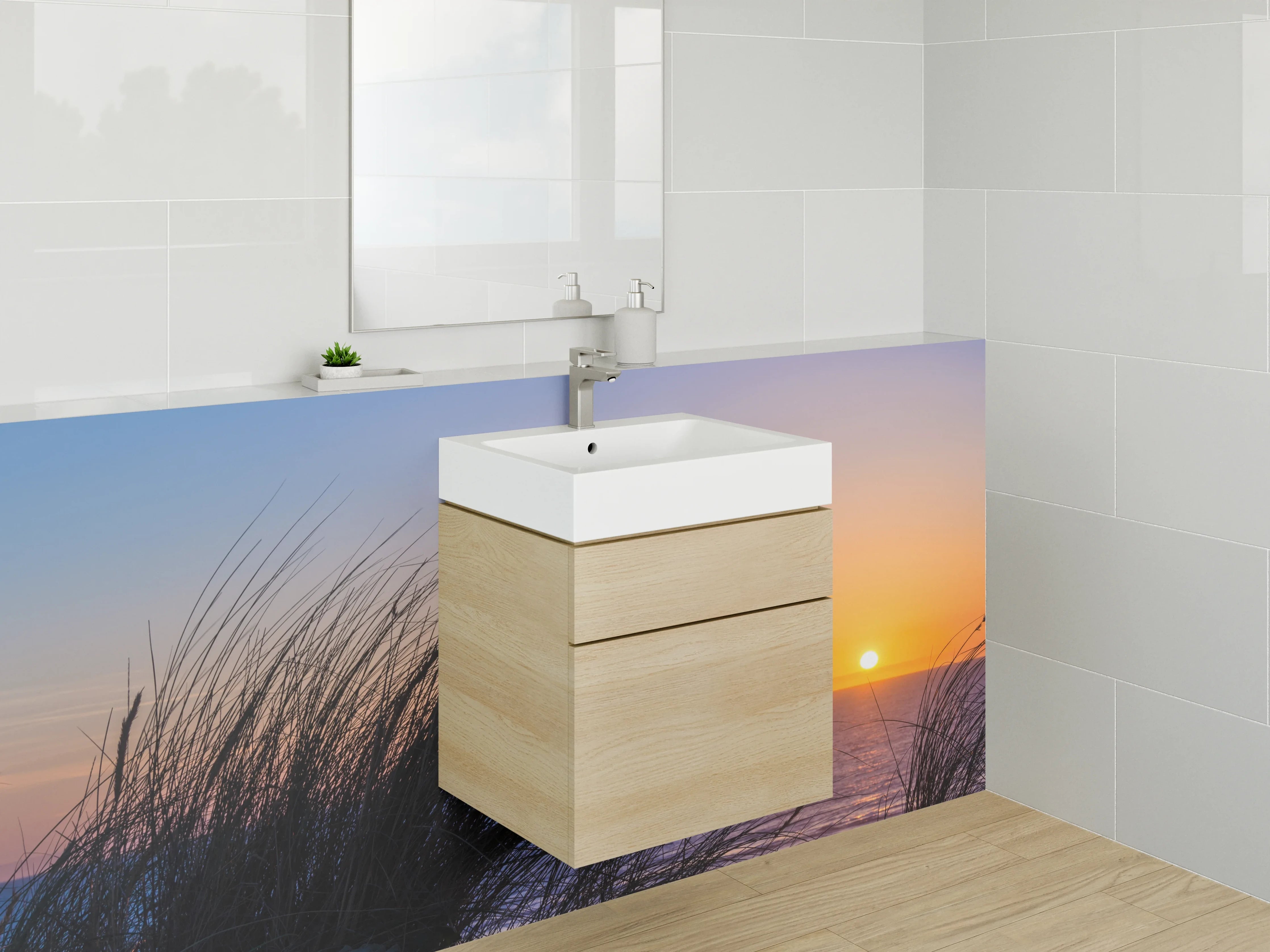 Waschbecken-Rückwand - Morgenröte am grauen Strand
