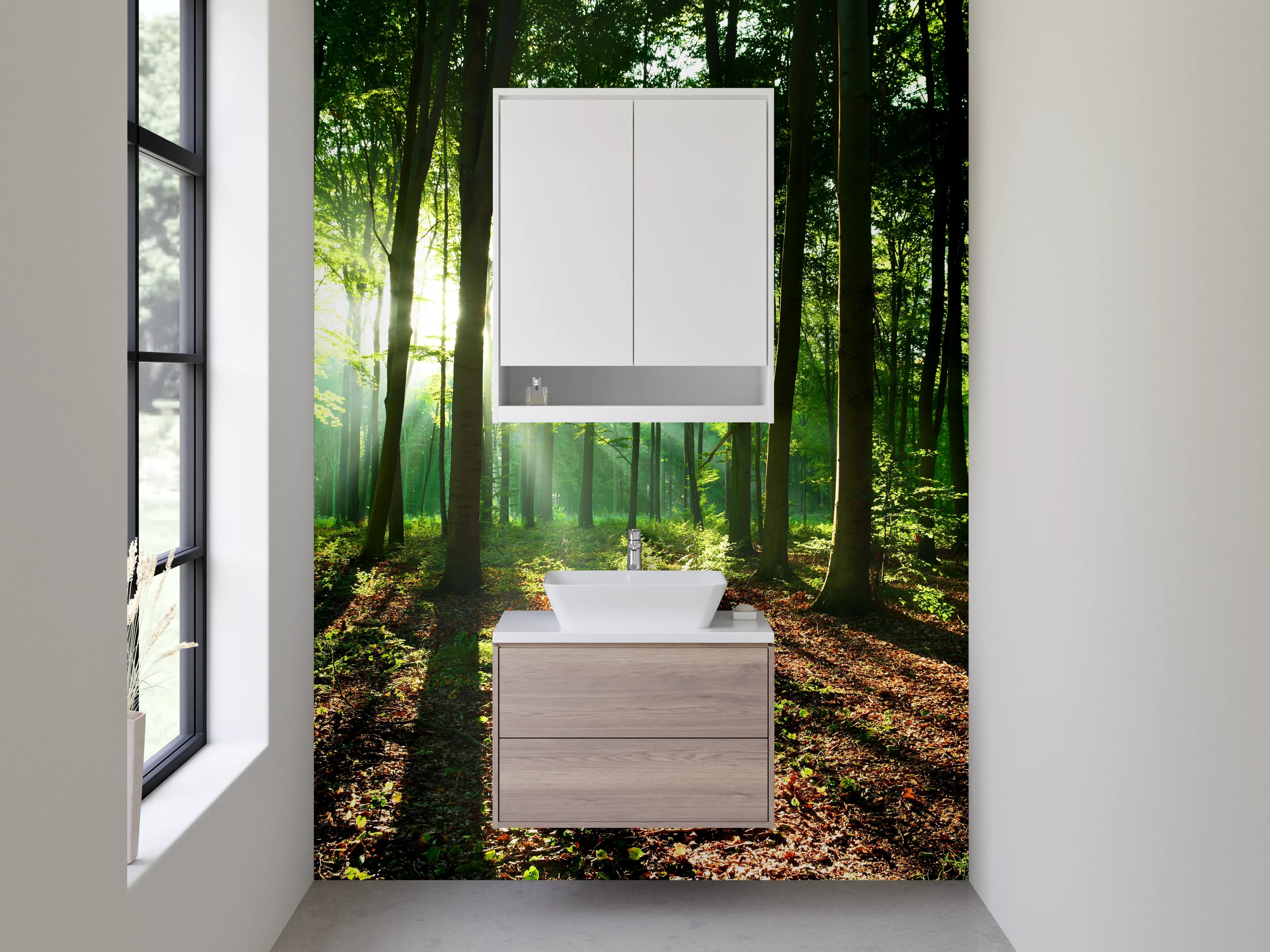 Waschbecken-Rückwand - Morgensonne im grünen Wald