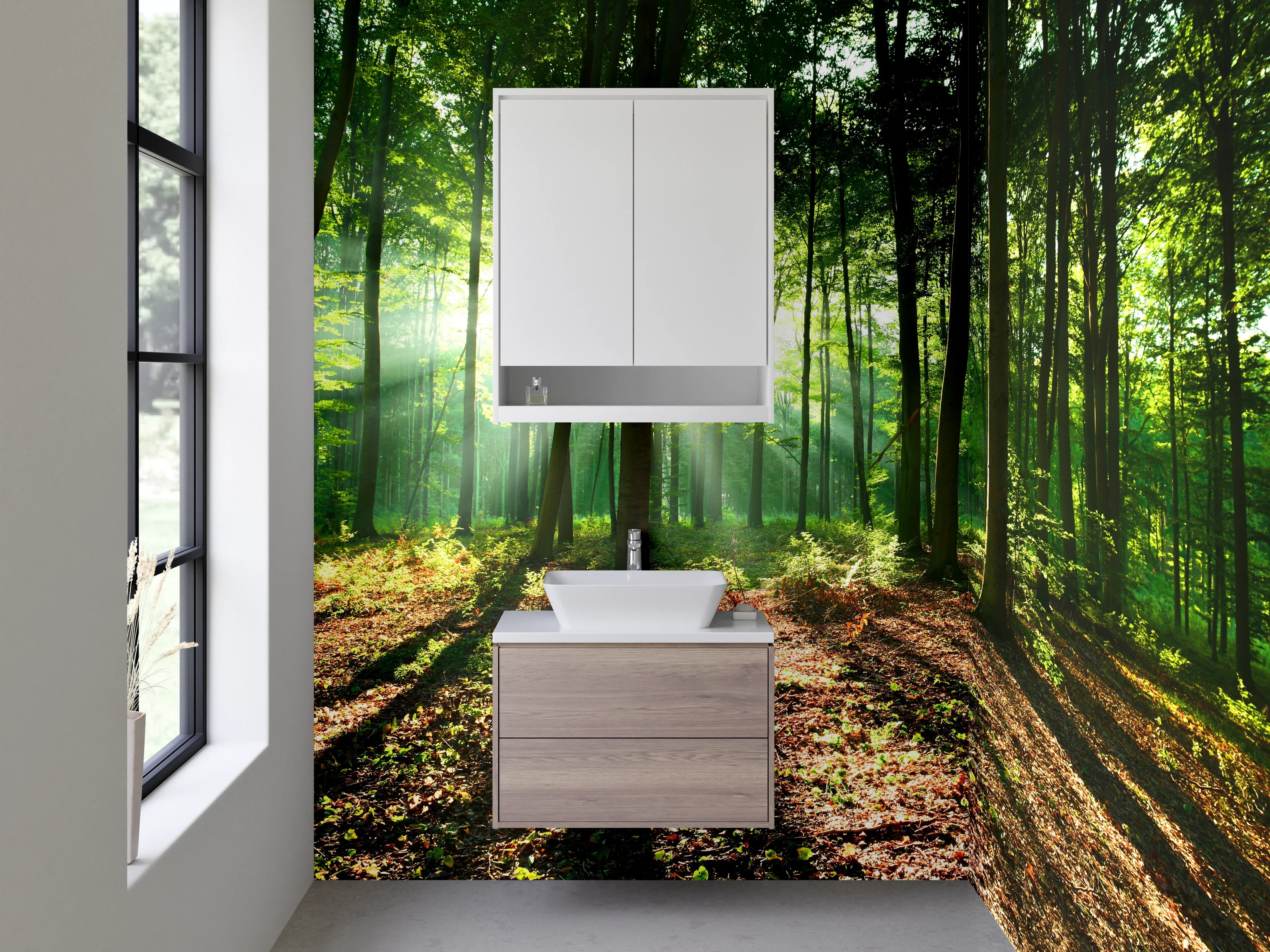 Waschbecken-Rückwand - Morgensonne im grünen Wald