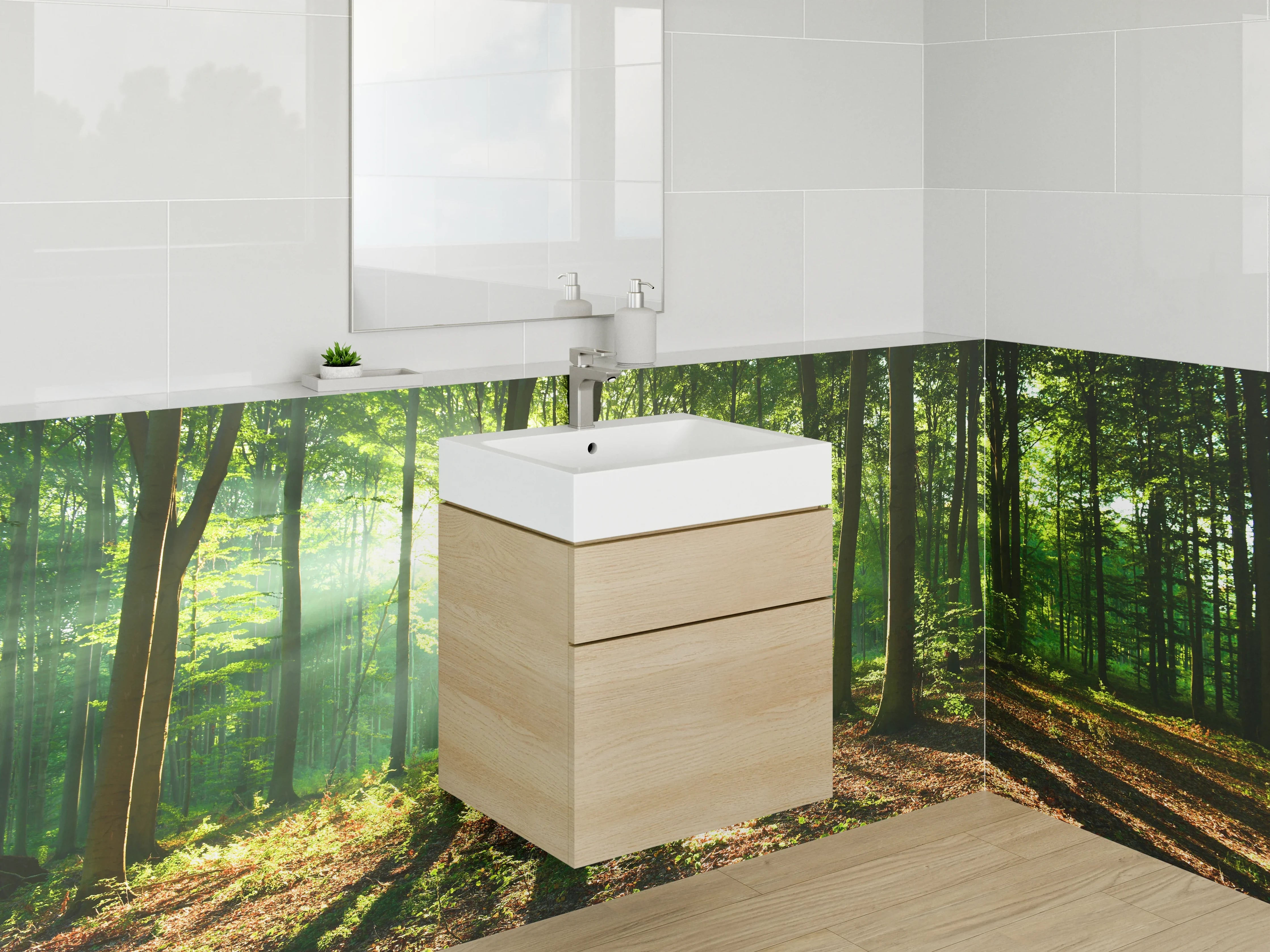 Waschbecken-Rückwand - Morgensonne im grünen Wald