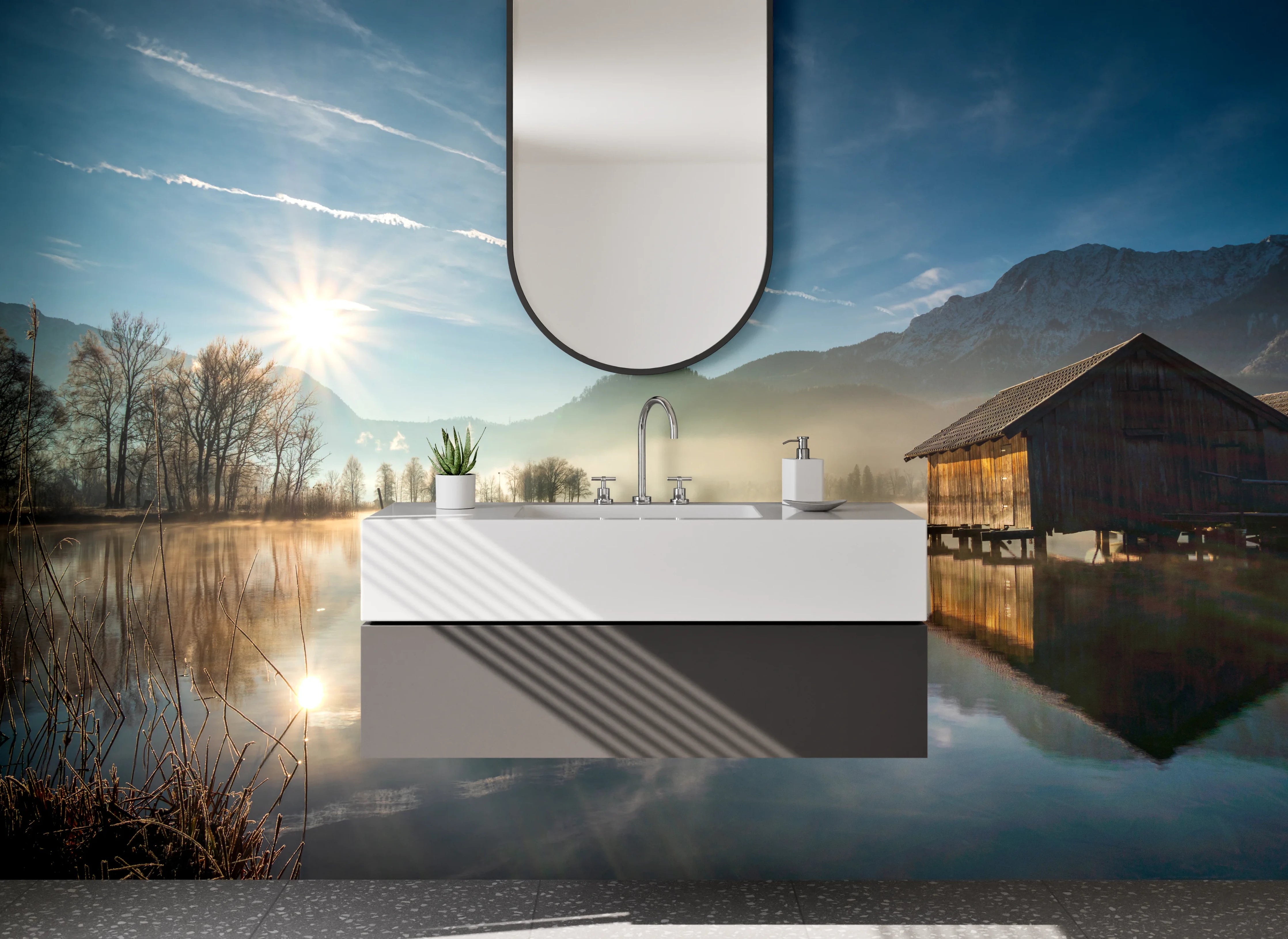 Waschbecken-Rückwand - Morgenstimmung am Bergsee Panorama