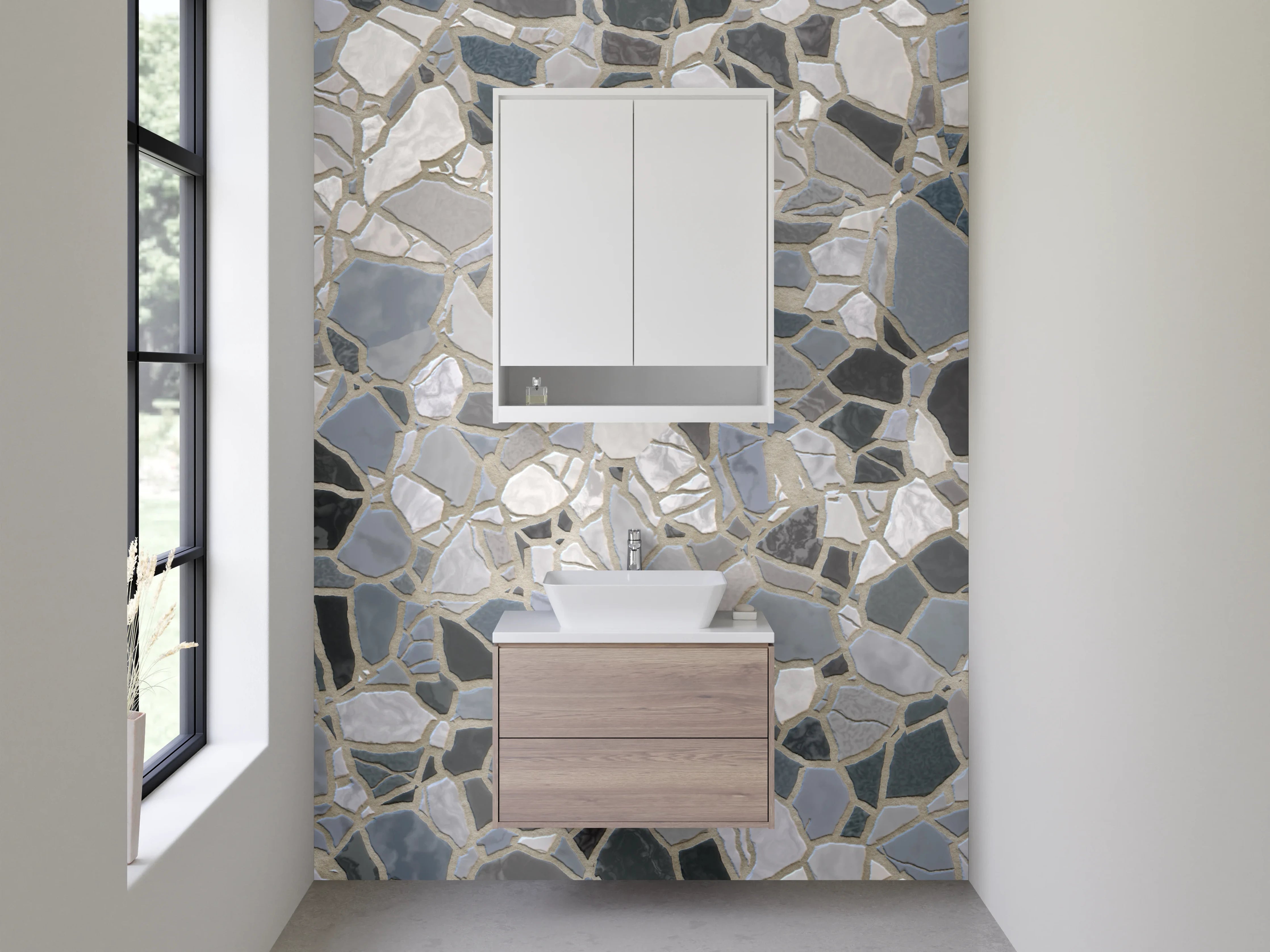 Waschbecken-Rückwand - Mosaik-Fliesen in Weiß-Grau-Schwarz