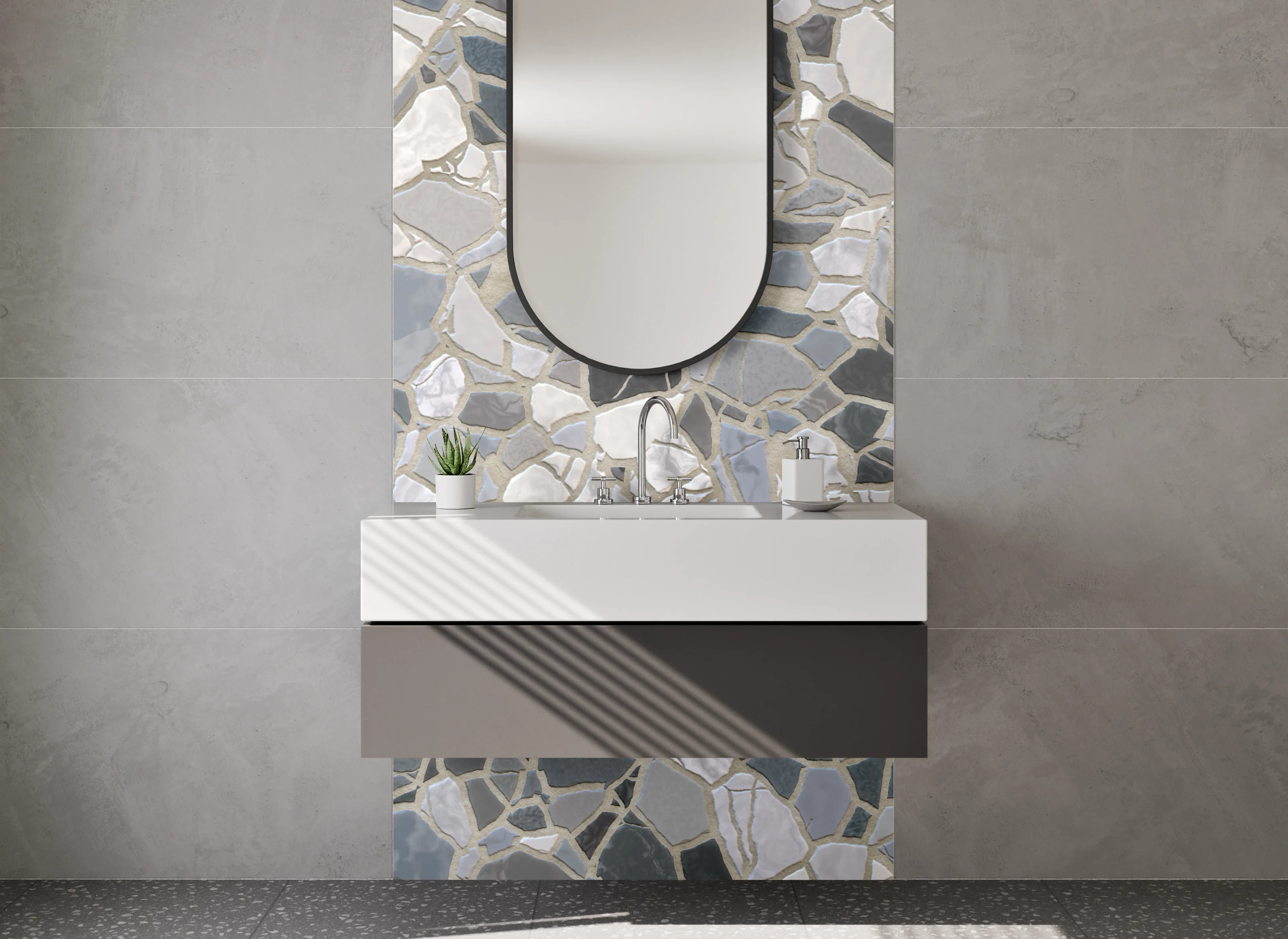 Waschbecken-Rückwand - Mosaik-Fliesen in Weiß-Grau-Schwarz