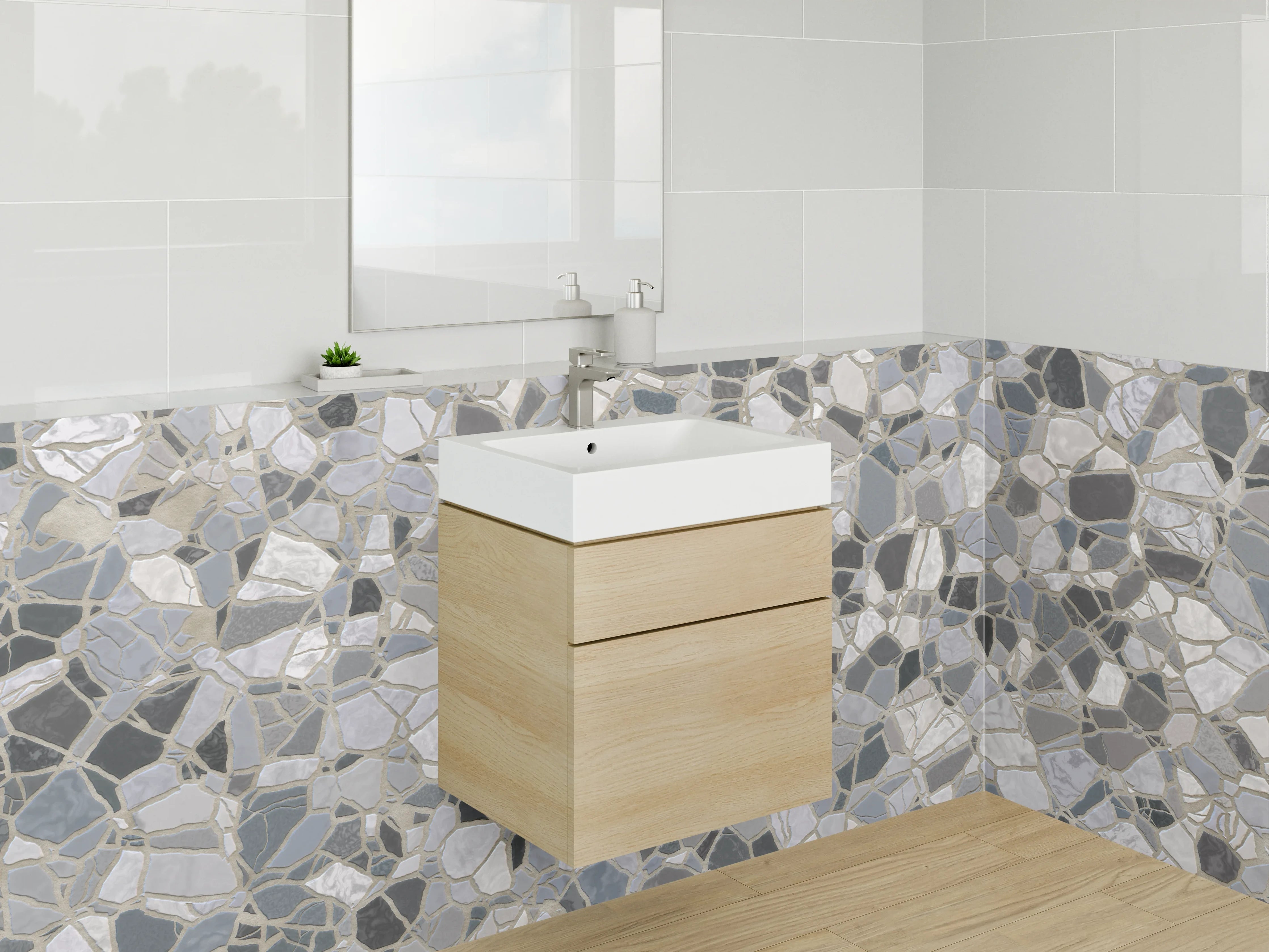 Waschbecken-Rückwand - Mosaik-Fliesen in Weiß-Grau-Schwarz