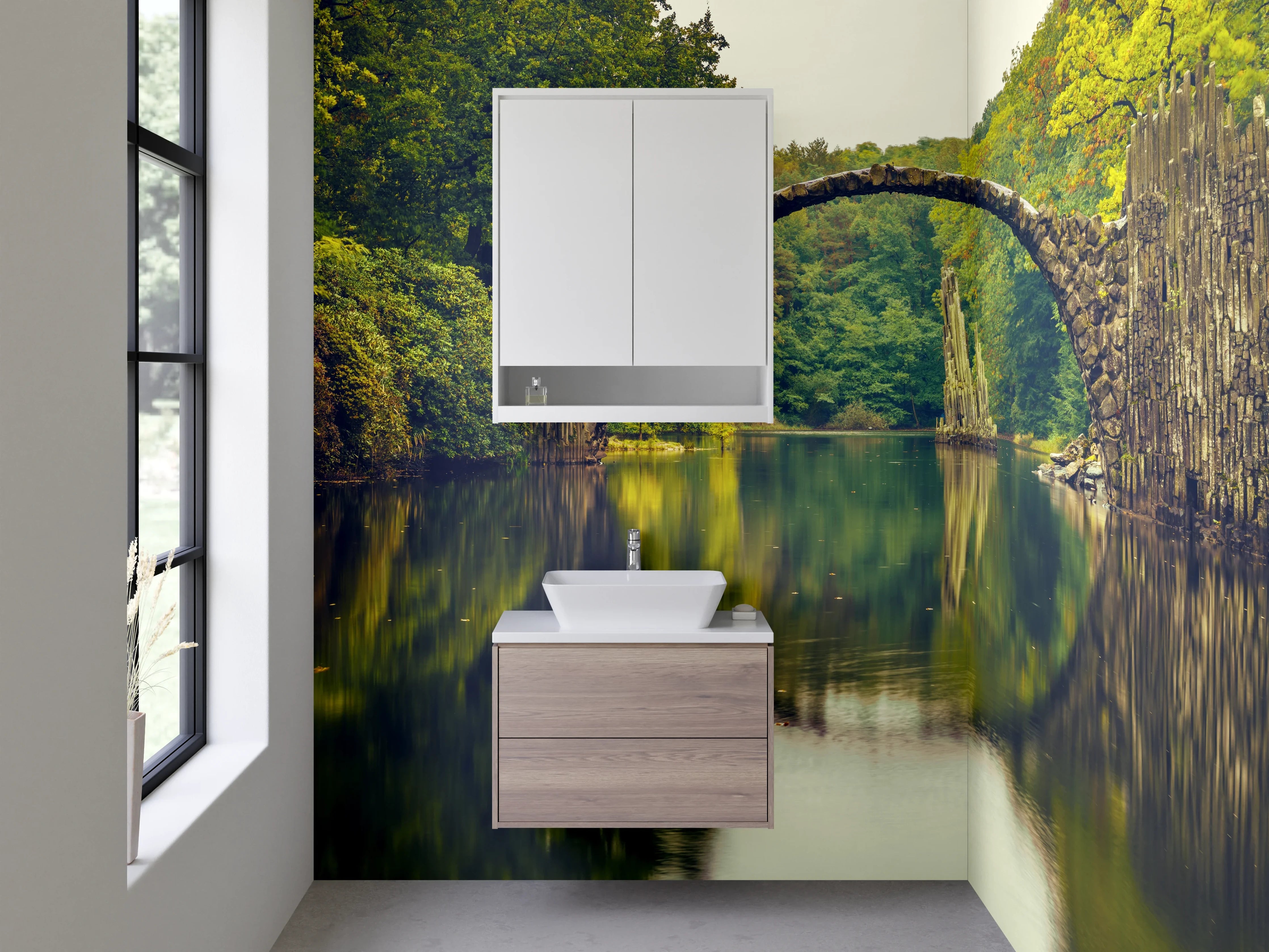 Waschbecken-Rückwand - Mystische Brücke am ruhigen See