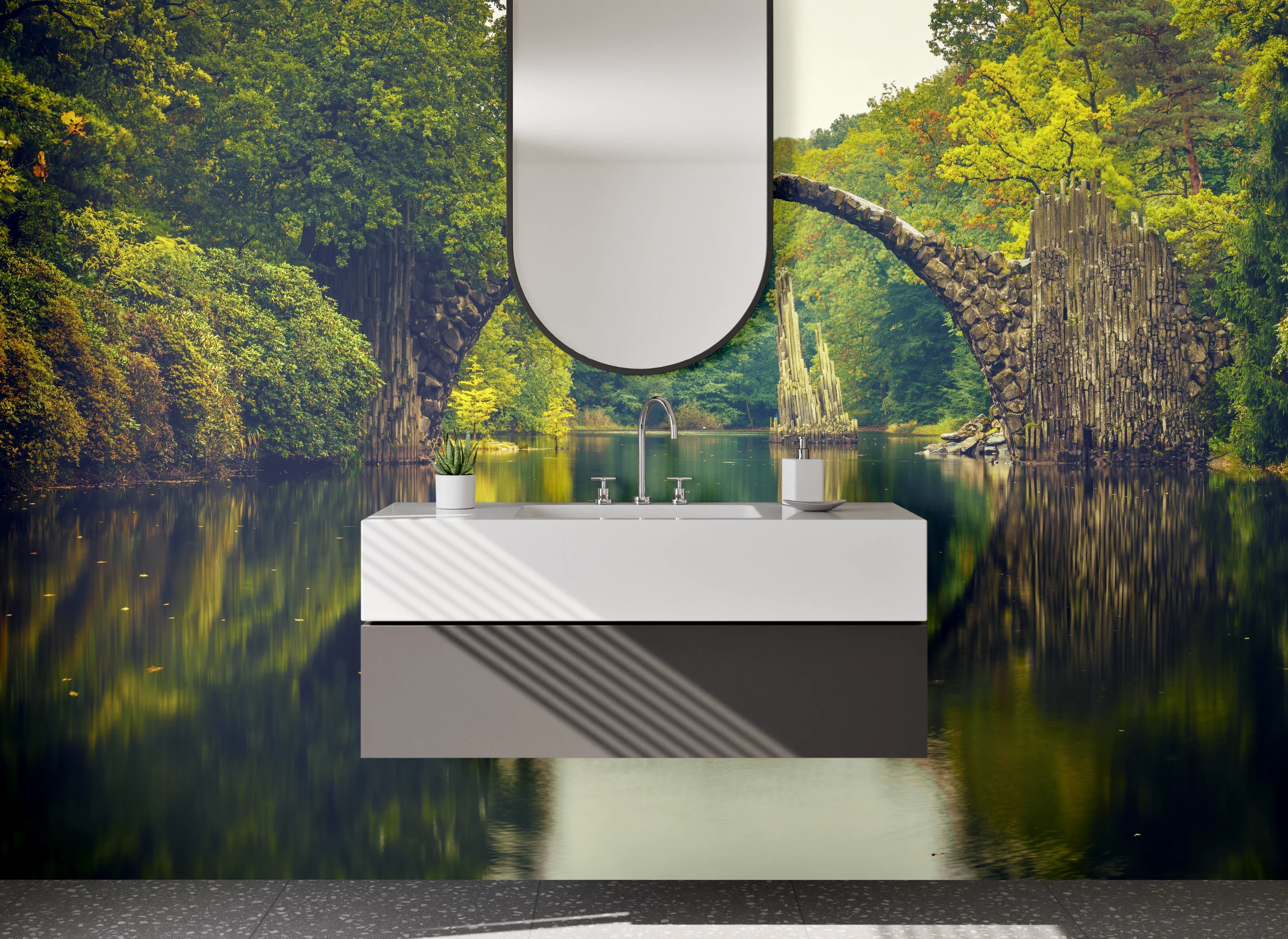 Waschbecken-Rückwand - Mystische Brücke am ruhigen See