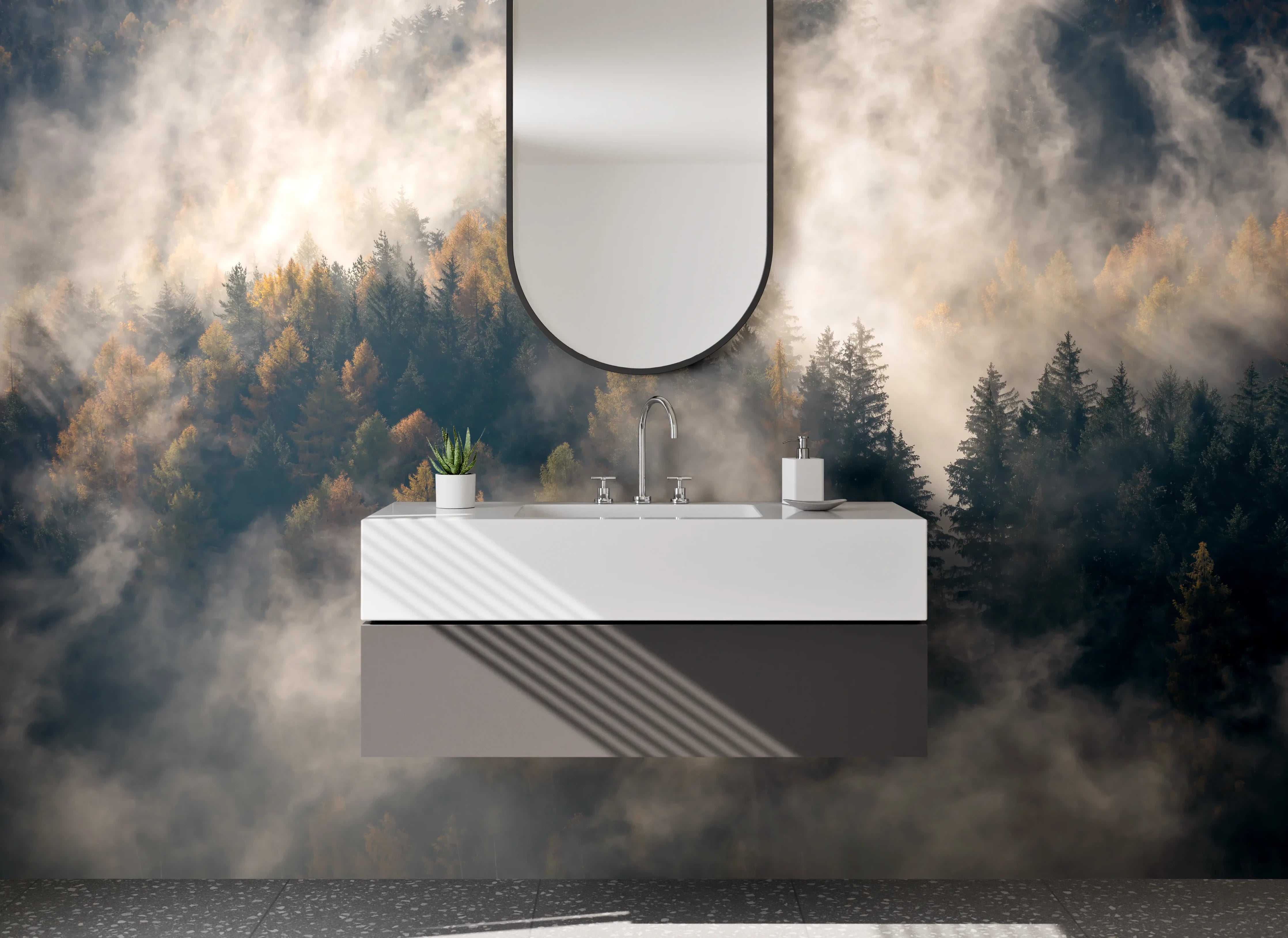 Waschbecken-Rückwand - Mystischer Morgennebel über Herbstwald