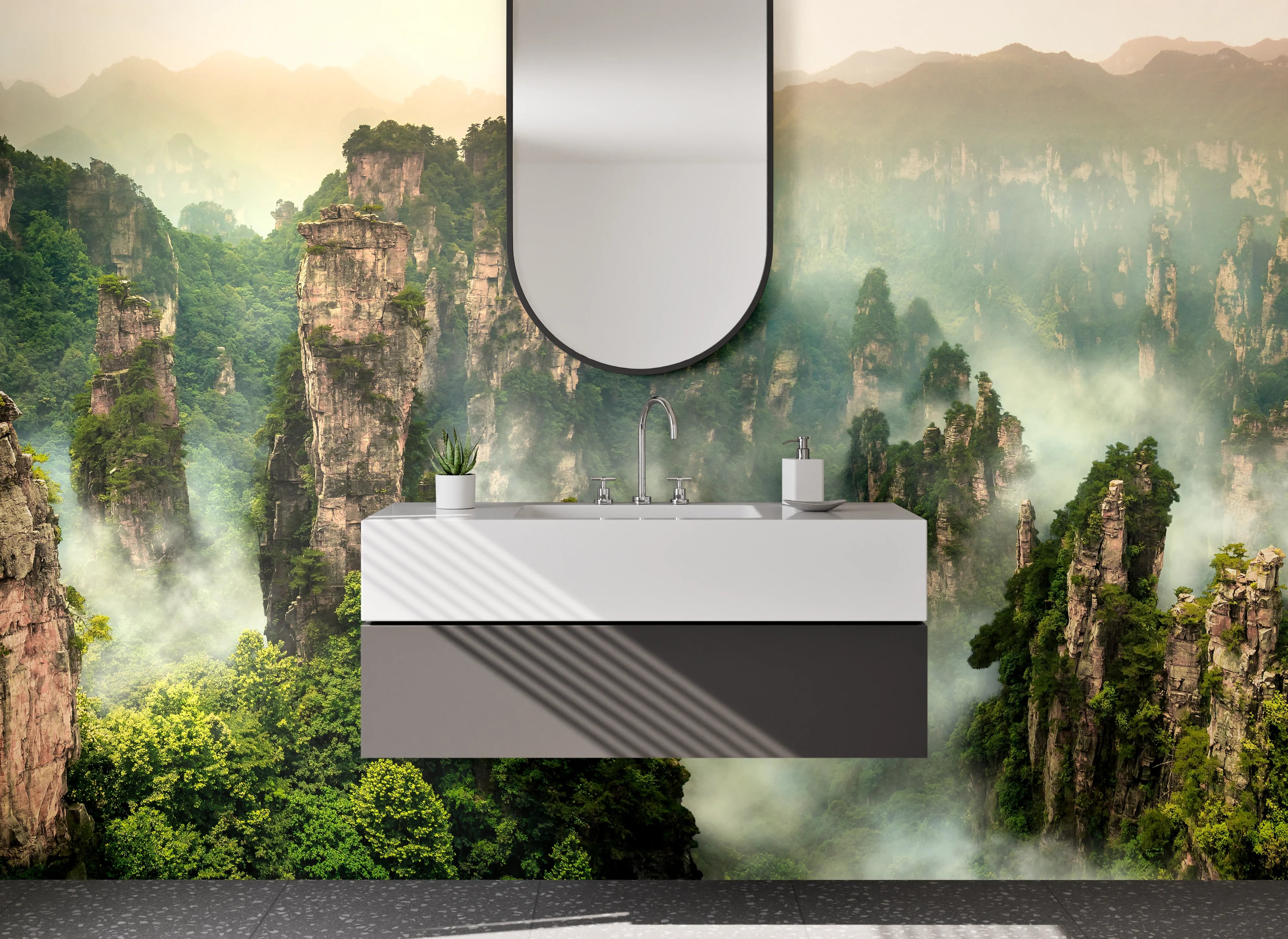 Waschbecken-Rückwand - Mystischer Nebel über den Zhangjiajie Felsen