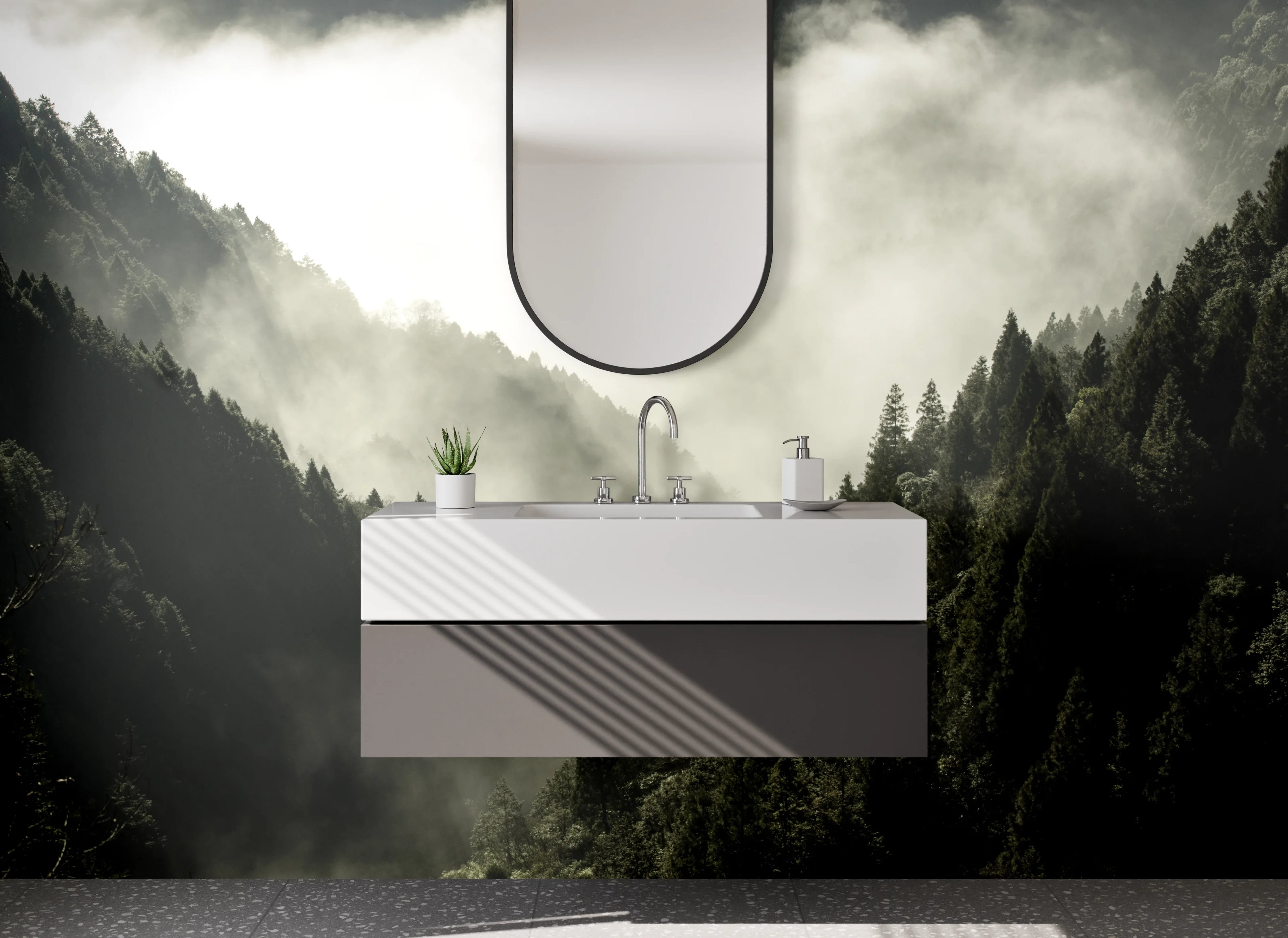 Waschbecken-Rückwand - Mystischer Wald im Morgennebel