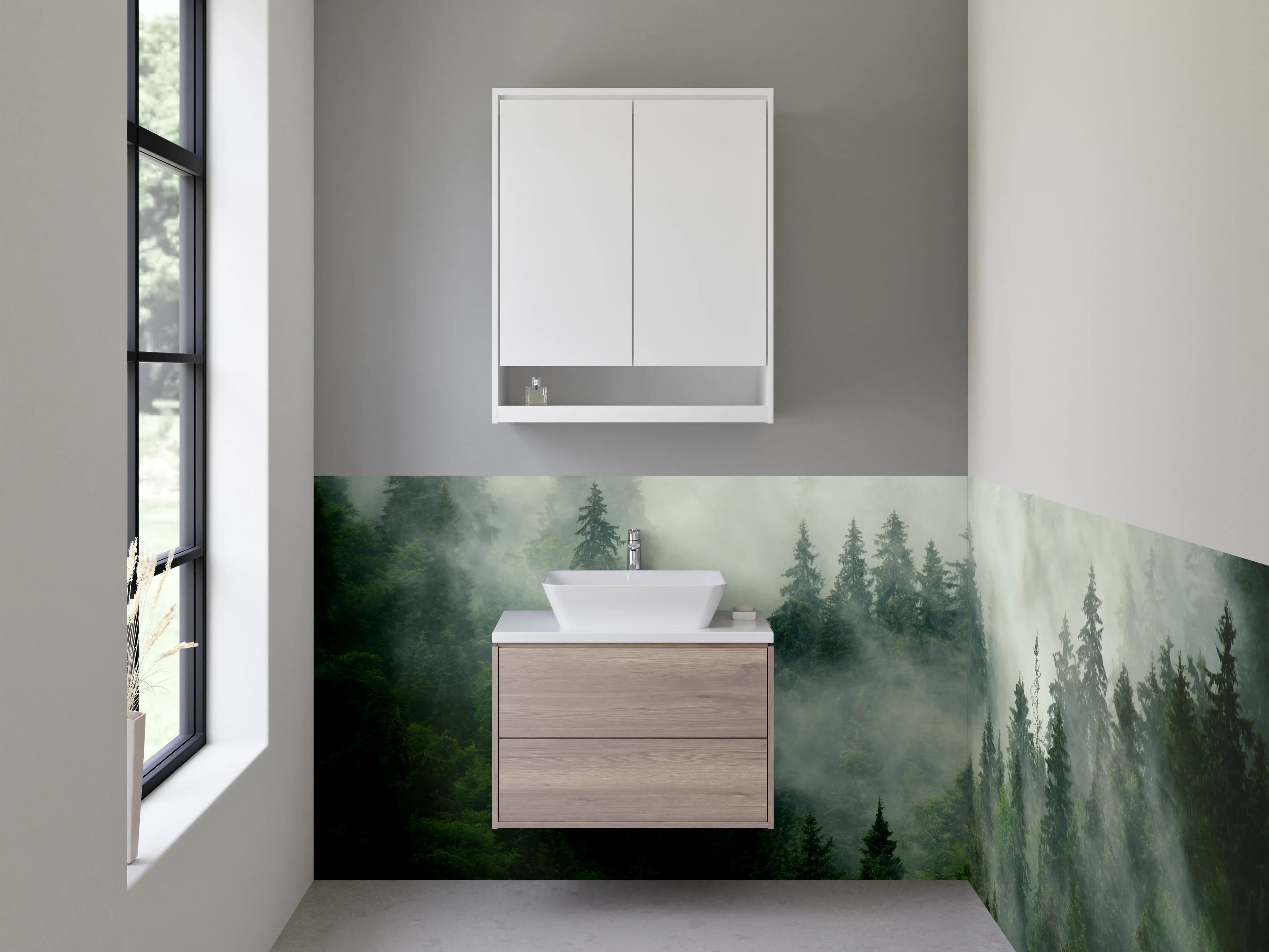 Waschbecken-Rückwand - Mystischer Wald im Nebel – Naturidylle