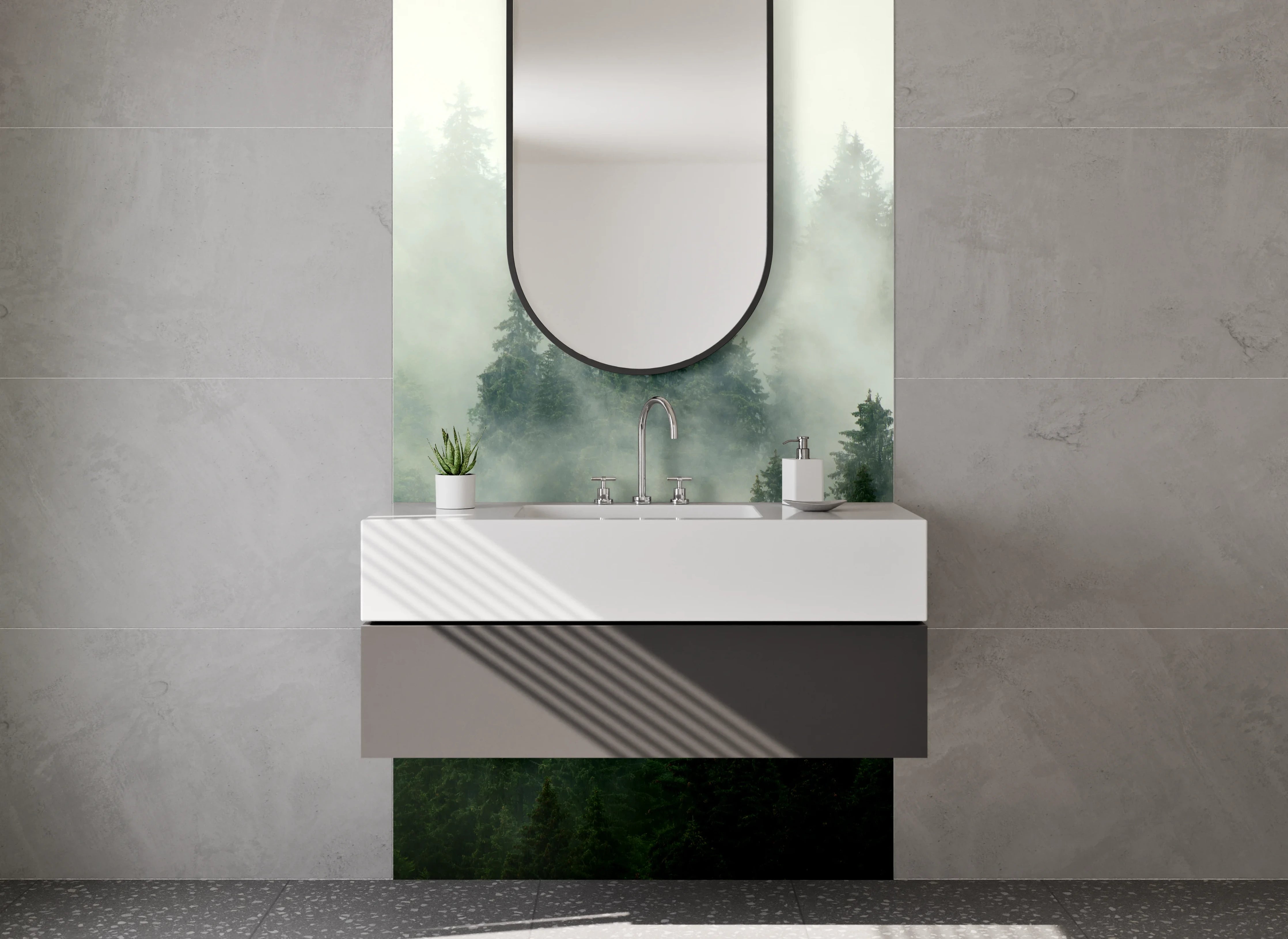 Waschbecken-Rückwand - Mystischer Wald im Nebel – Naturidylle