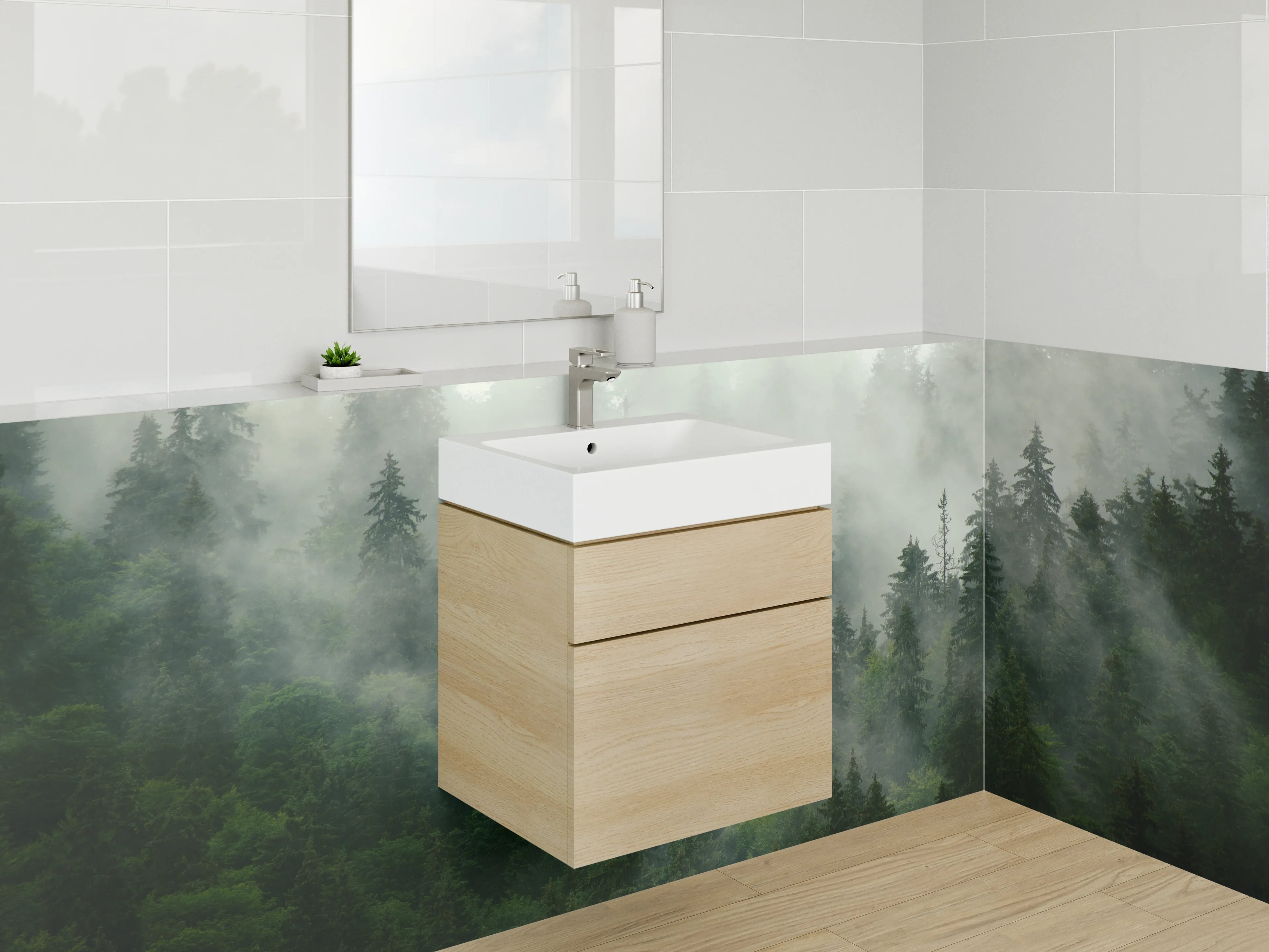 Waschbecken-Rückwand - Mystischer Wald im Nebel – Naturidylle