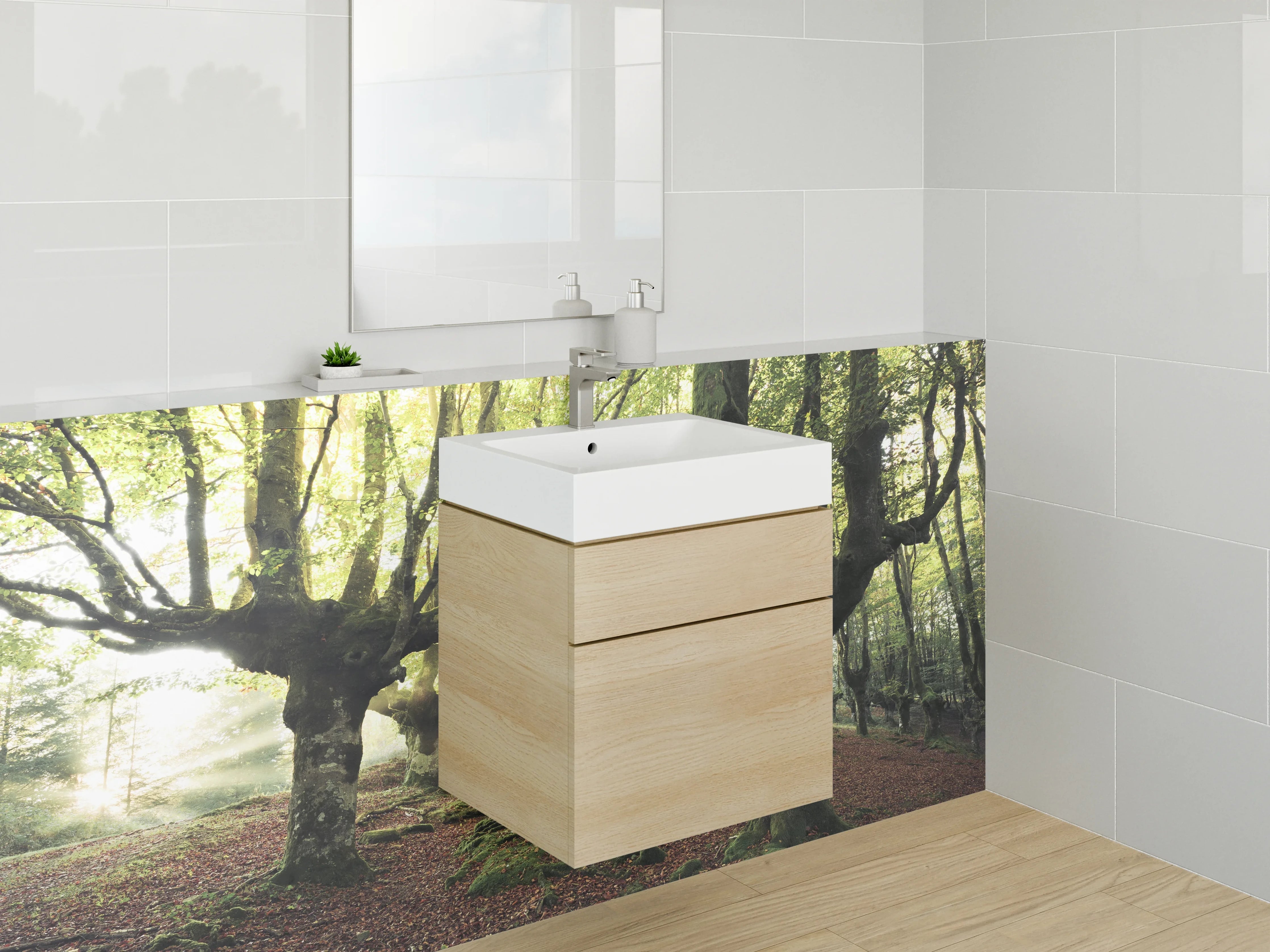 Waschbecken-Rückwand - Mystischer Wald mit alten Bäumen