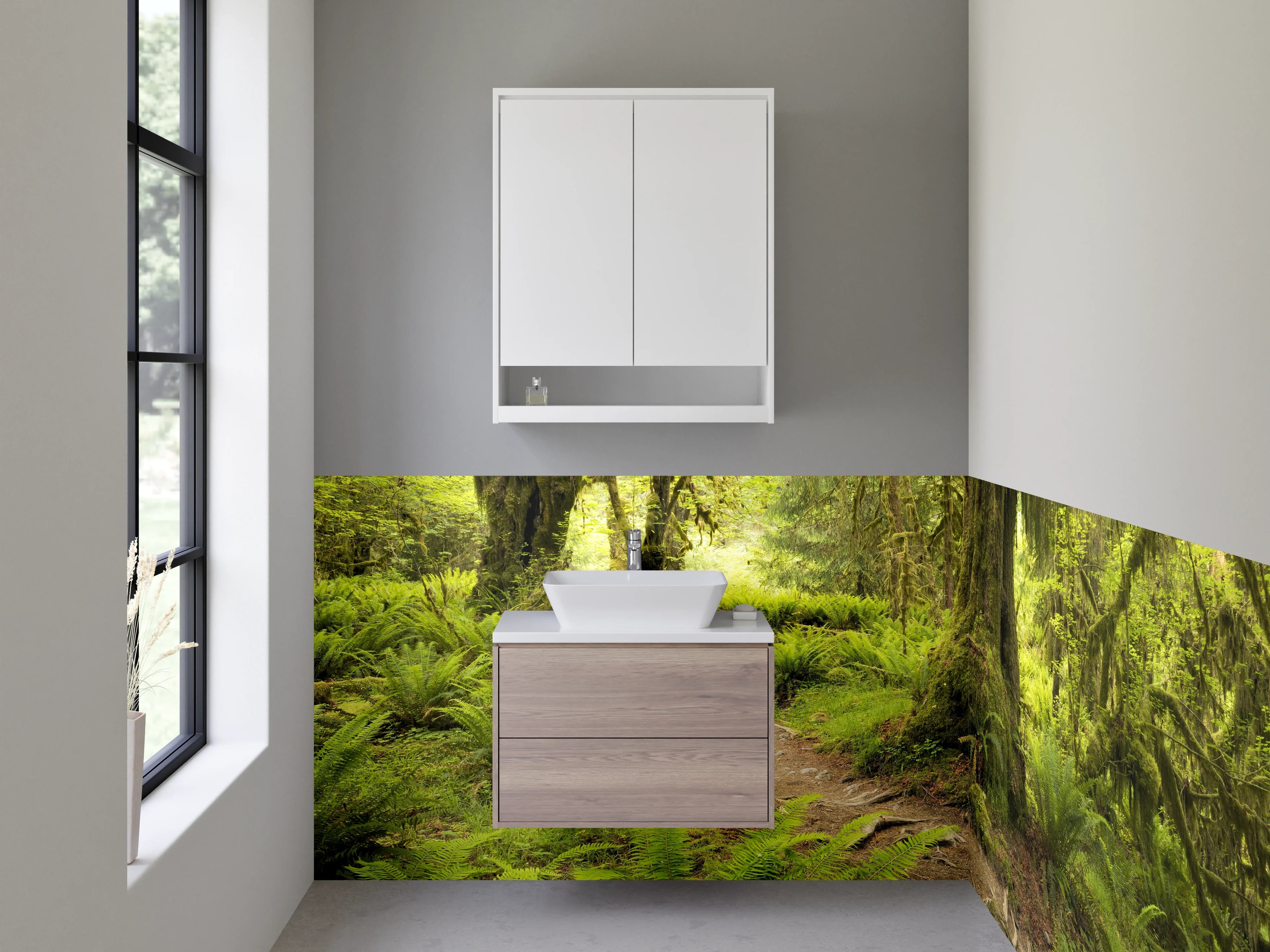 Waschbecken-Rückwand - Mystischer Waldboden mit alten Baumstämmen