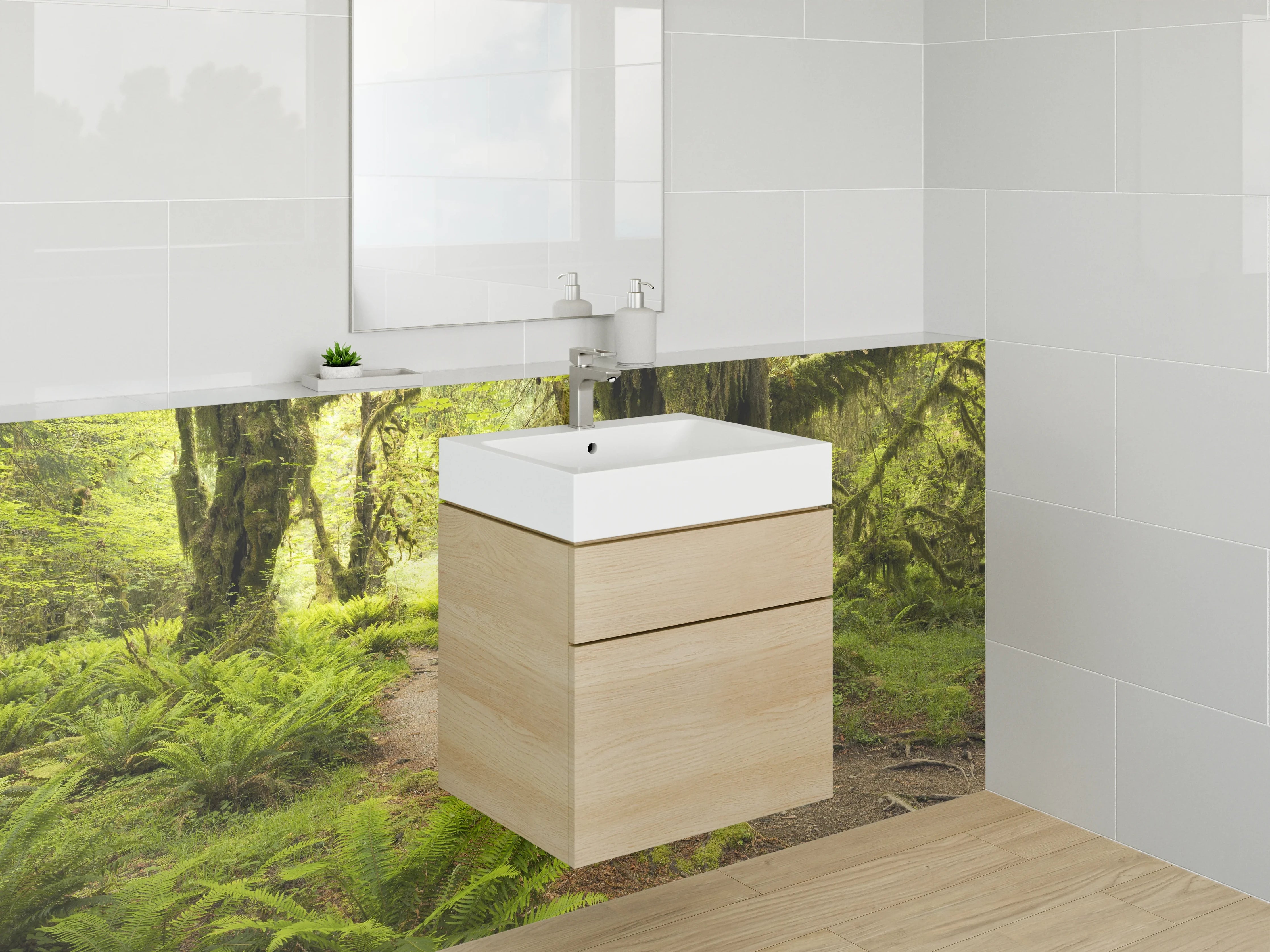 Waschbecken-Rückwand - Mystischer Waldboden mit alten Baumstämmen