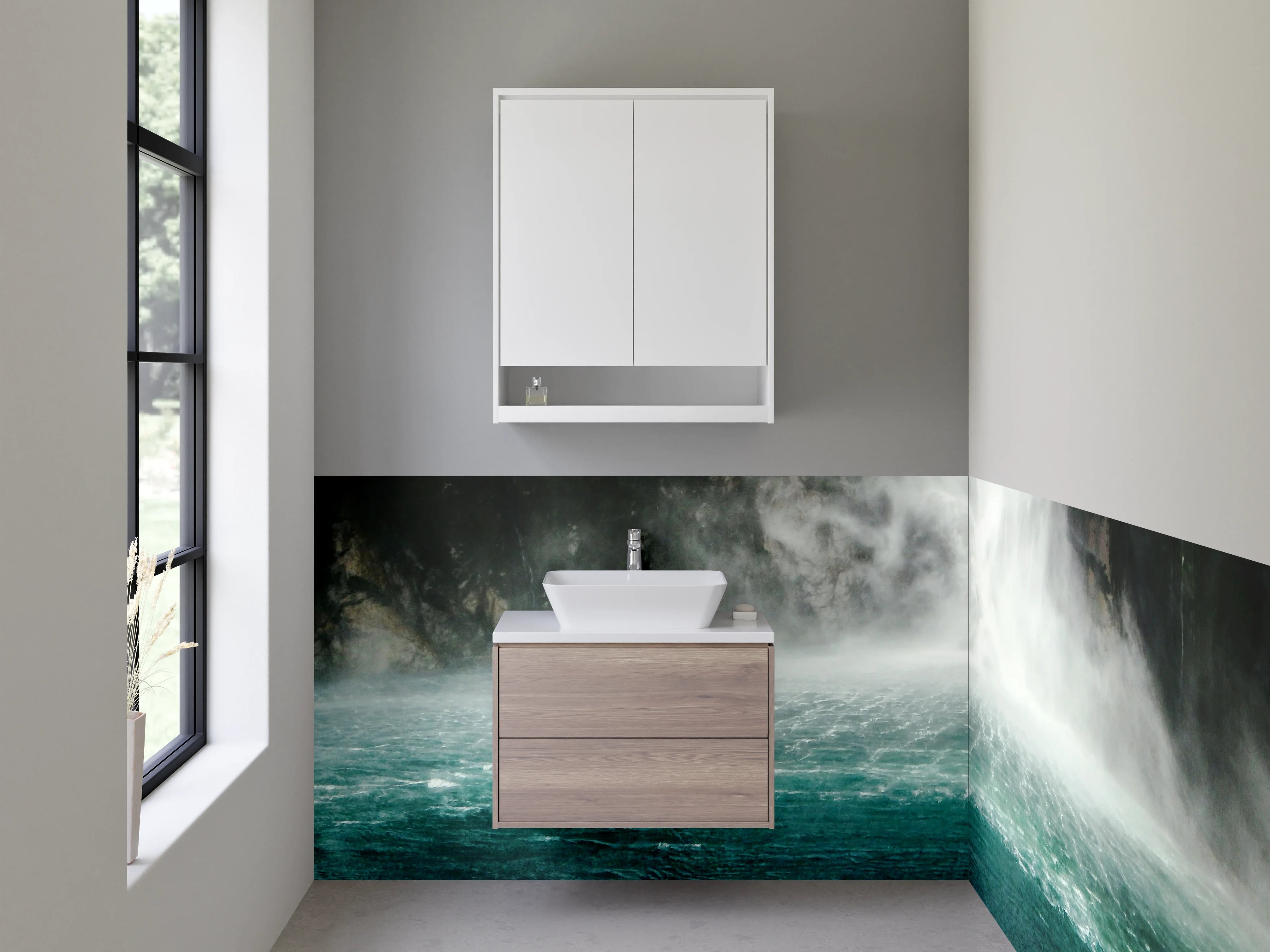 Waschbecken-Rückwand - Mystischer Wasserfall am See